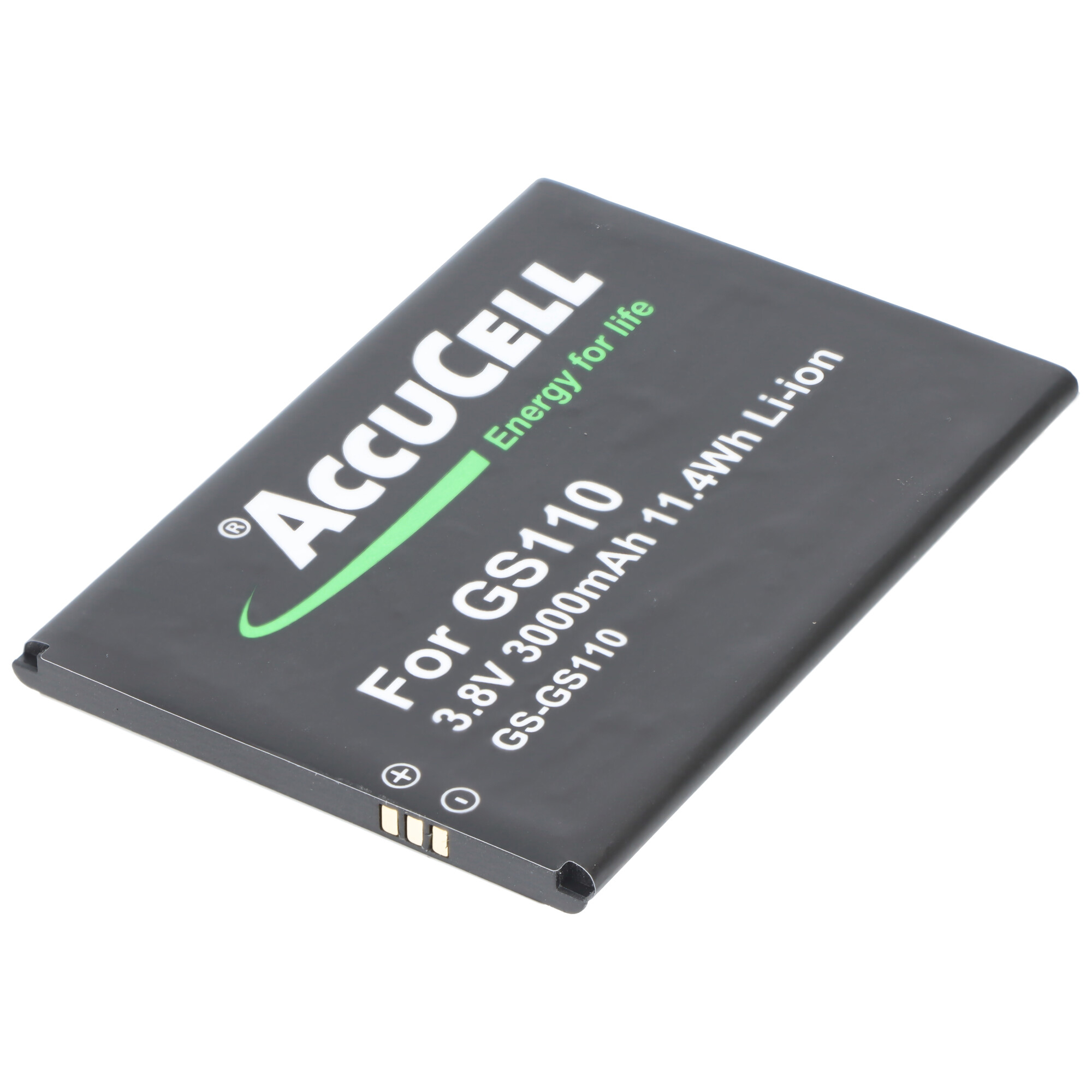 Schwarze AccuCell-Batterie. Sie hat Text, darunter '3.8V 3000mAh Li-Ion'.