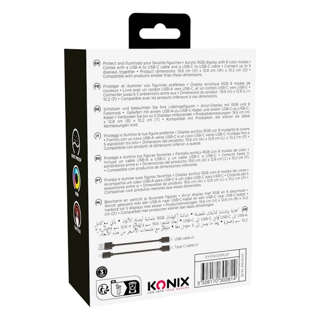 Productdoos met tekst in meerdere talen. De doos bevat afbeeldingen van USB-kabels en een display.