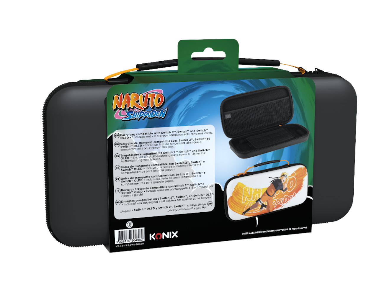 Black carrying case for a game console. The case is open, revealing storage for the console and games.