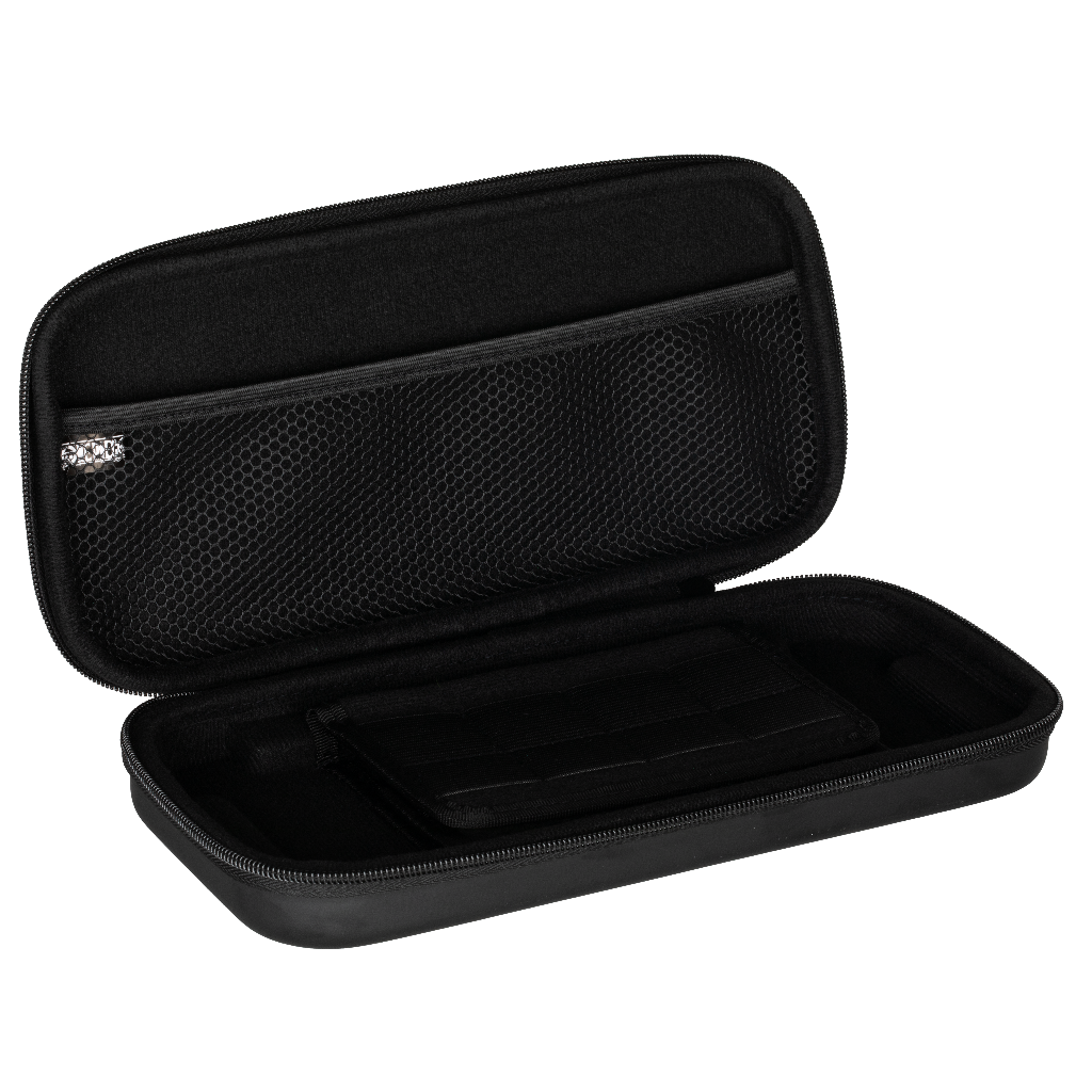 An open black carrying case with mesh and storage compartments.