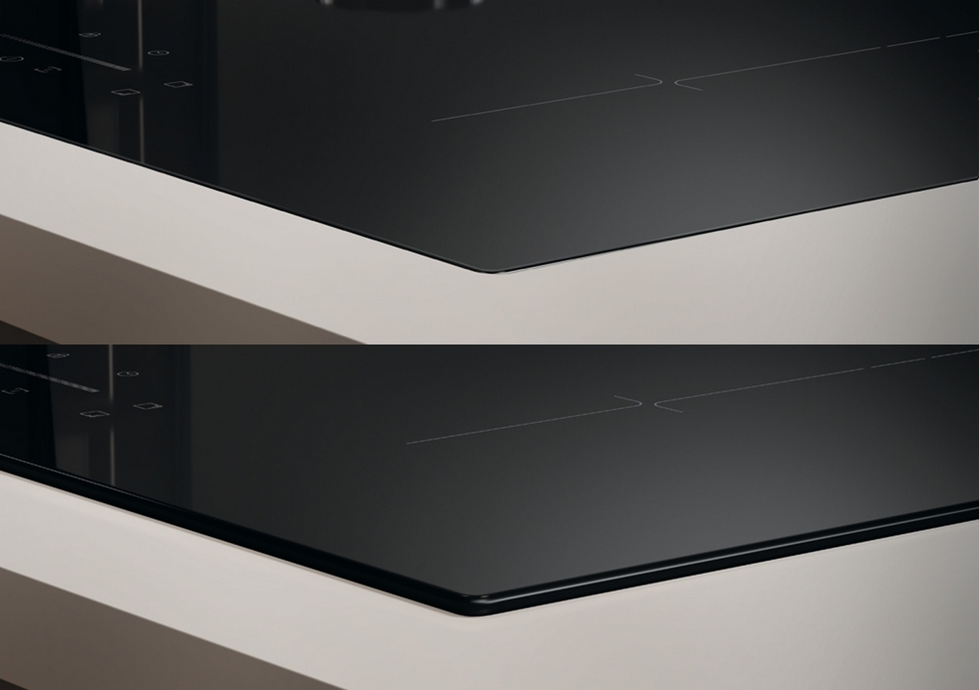 Zbliżenie na czarną płytę grzejną. Obraz pokazuje powierzchnię i krawędzie.