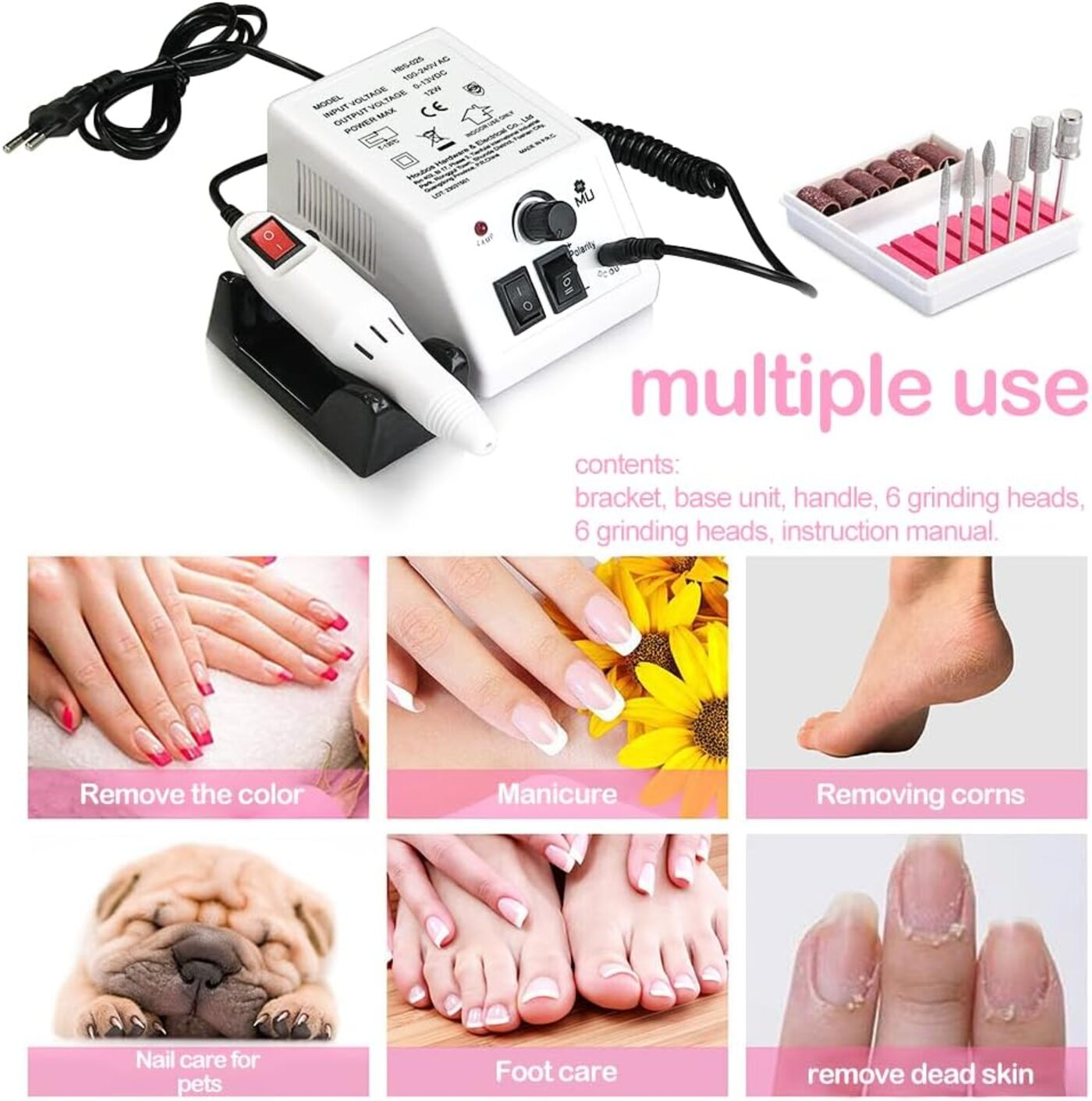 Máquina de taladro de uñas y accesorios con múltiples usos, fondo blanco.