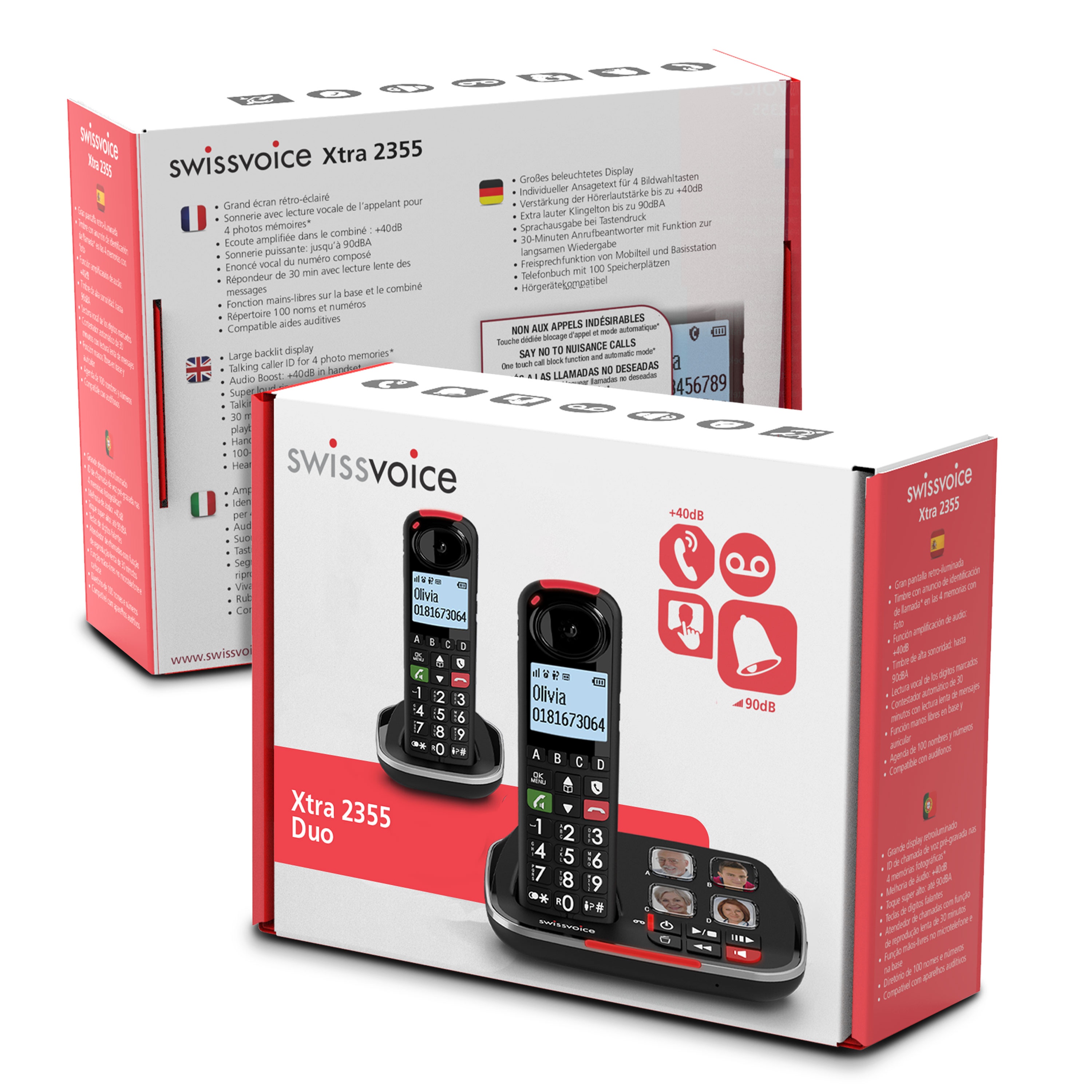 Eine Swissvoice Xtra 2355 Telefonbox und ein Telefon-Duo werden angezeigt. Die Box zeigt Details in mehreren Sprachen.