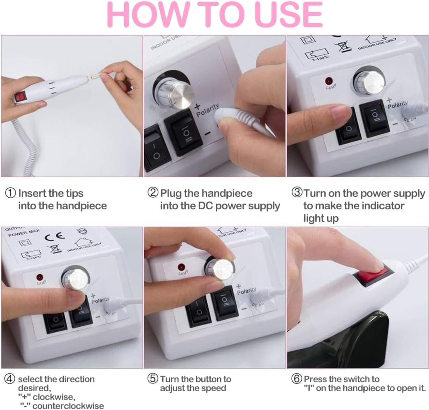 Seis imágenes muestran cómo usar una máquina de taladro de uñas, con pasos.