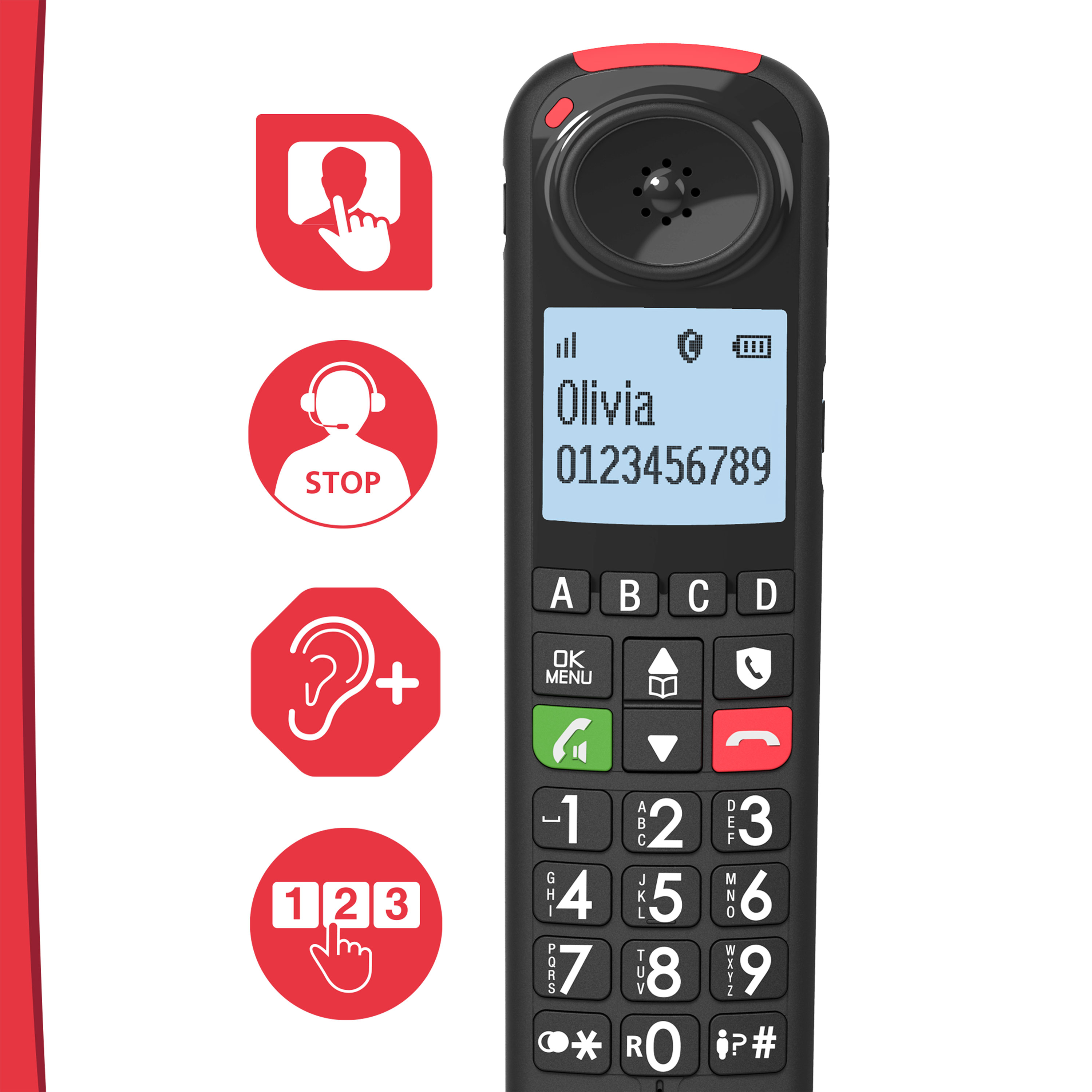 Ein schwarzes schnurloses Telefon mit Bildschirm, der Name und Nummer anzeigt, plus Symbole und Zifferntastatur.