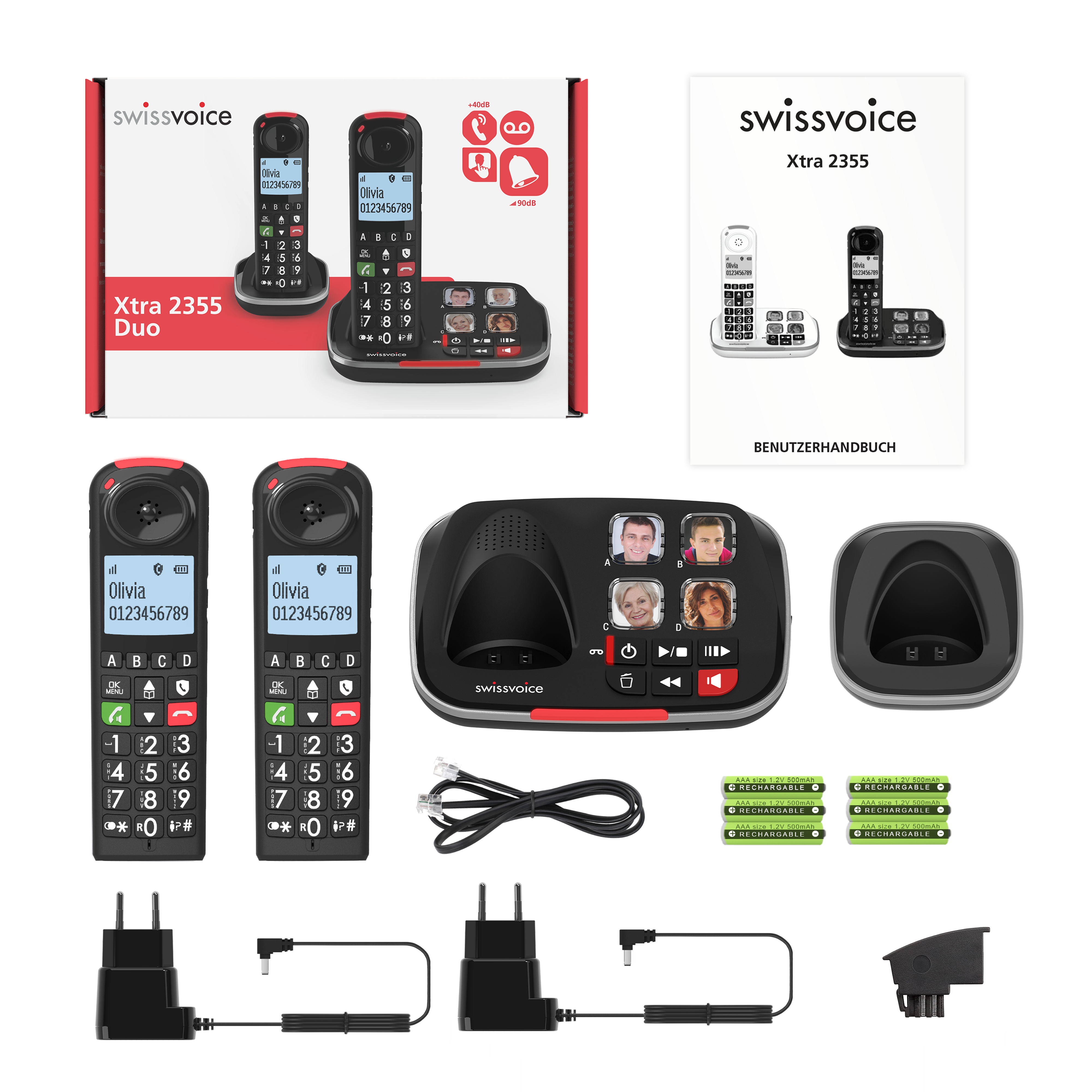 Ein Set aus einem Festnetztelefon, zwei Handgeräten und Zubehör auf weißem Hintergrund.