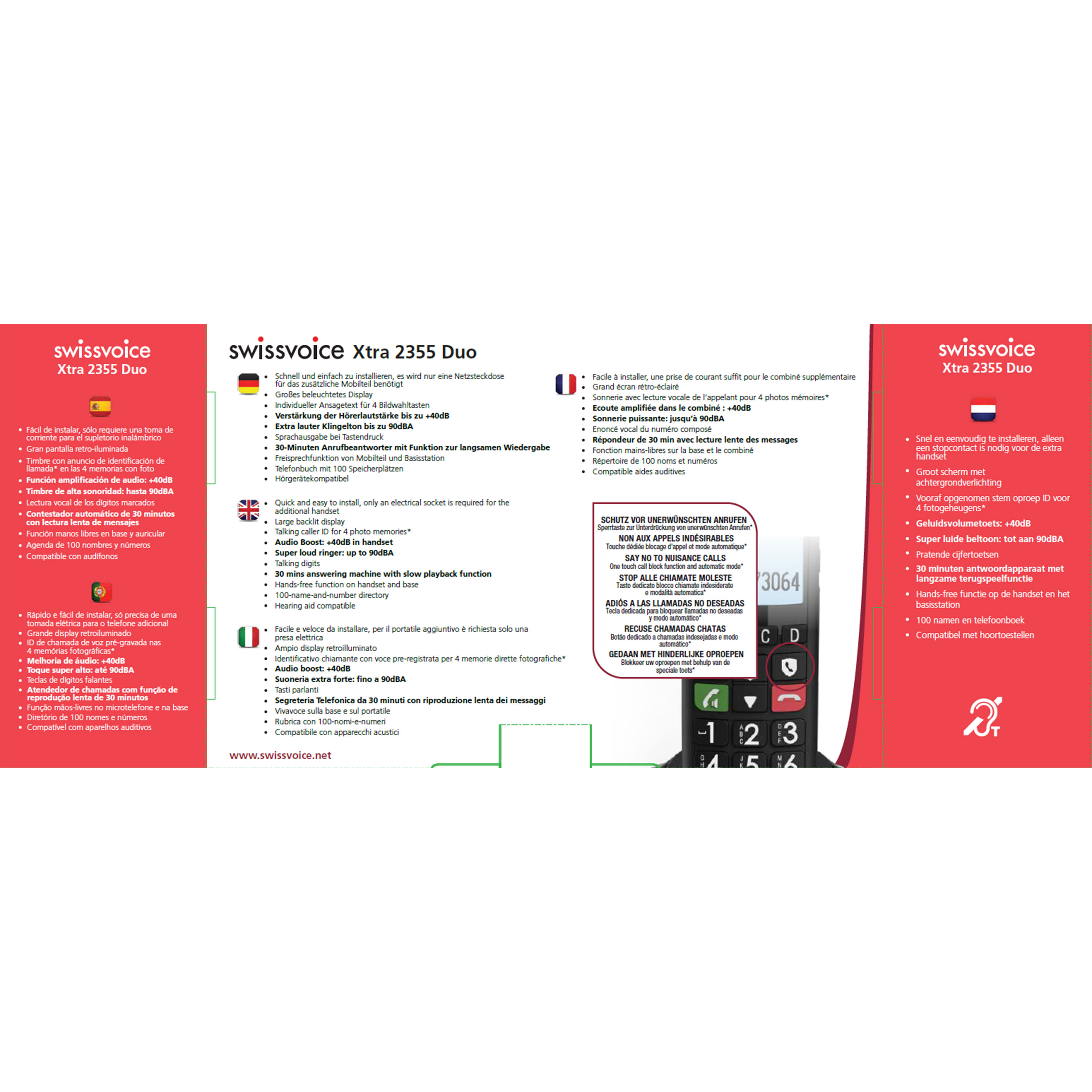 Eine Werbung mit Text in mehreren Sprachen und einem Telefon. Es zeigt ein Telefon mit mehreren Funktionen.