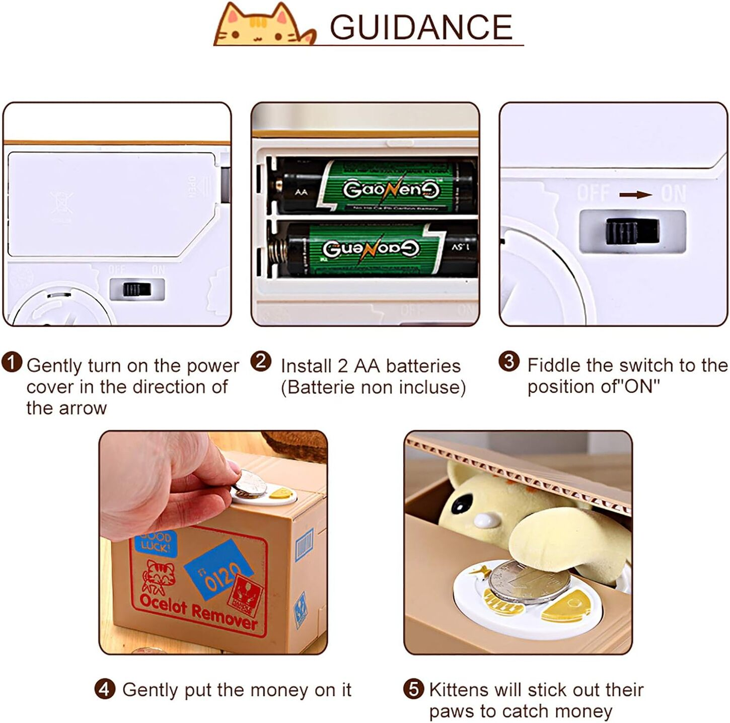 Pasos para usar una alcancía con ilustración de gato.