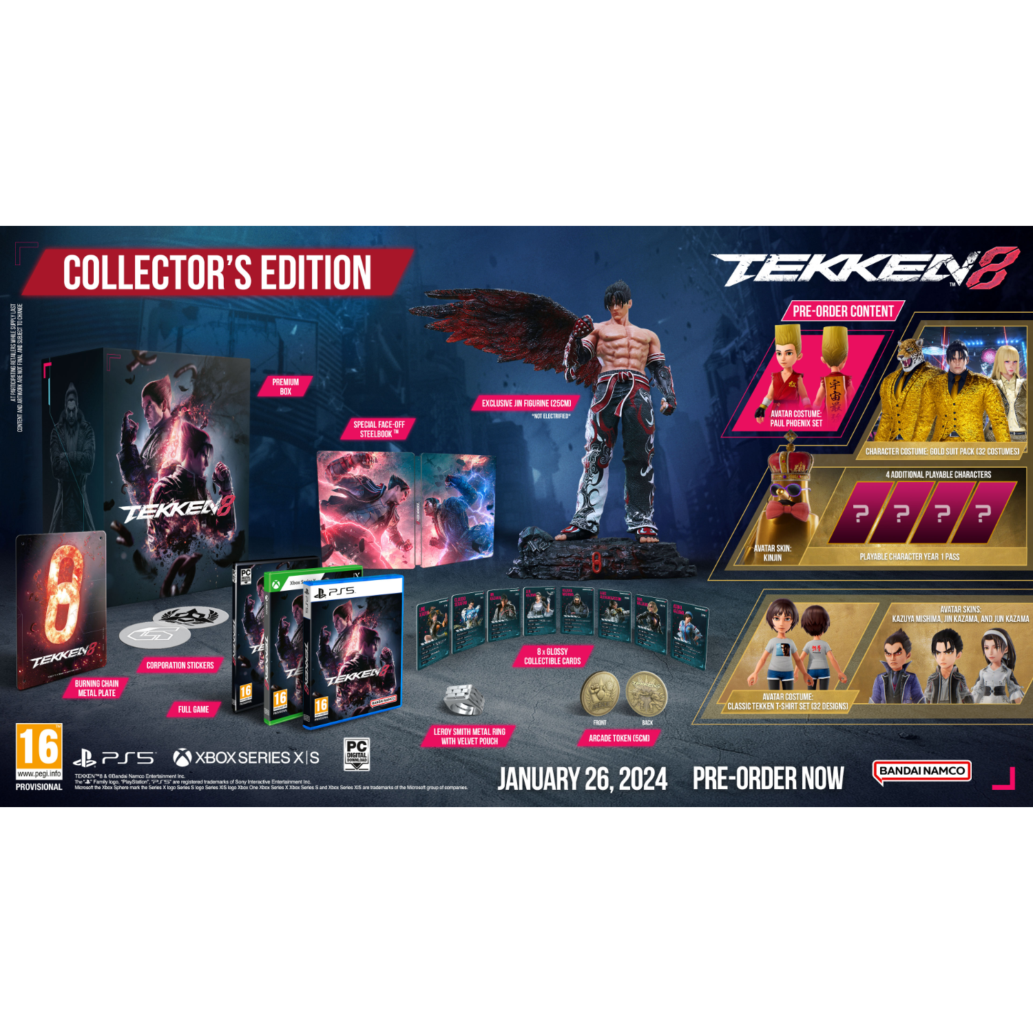 Scatola dell'edizione da collezione di Tekken 8 con gioco, statuetta, dettagli del preordine e logo.