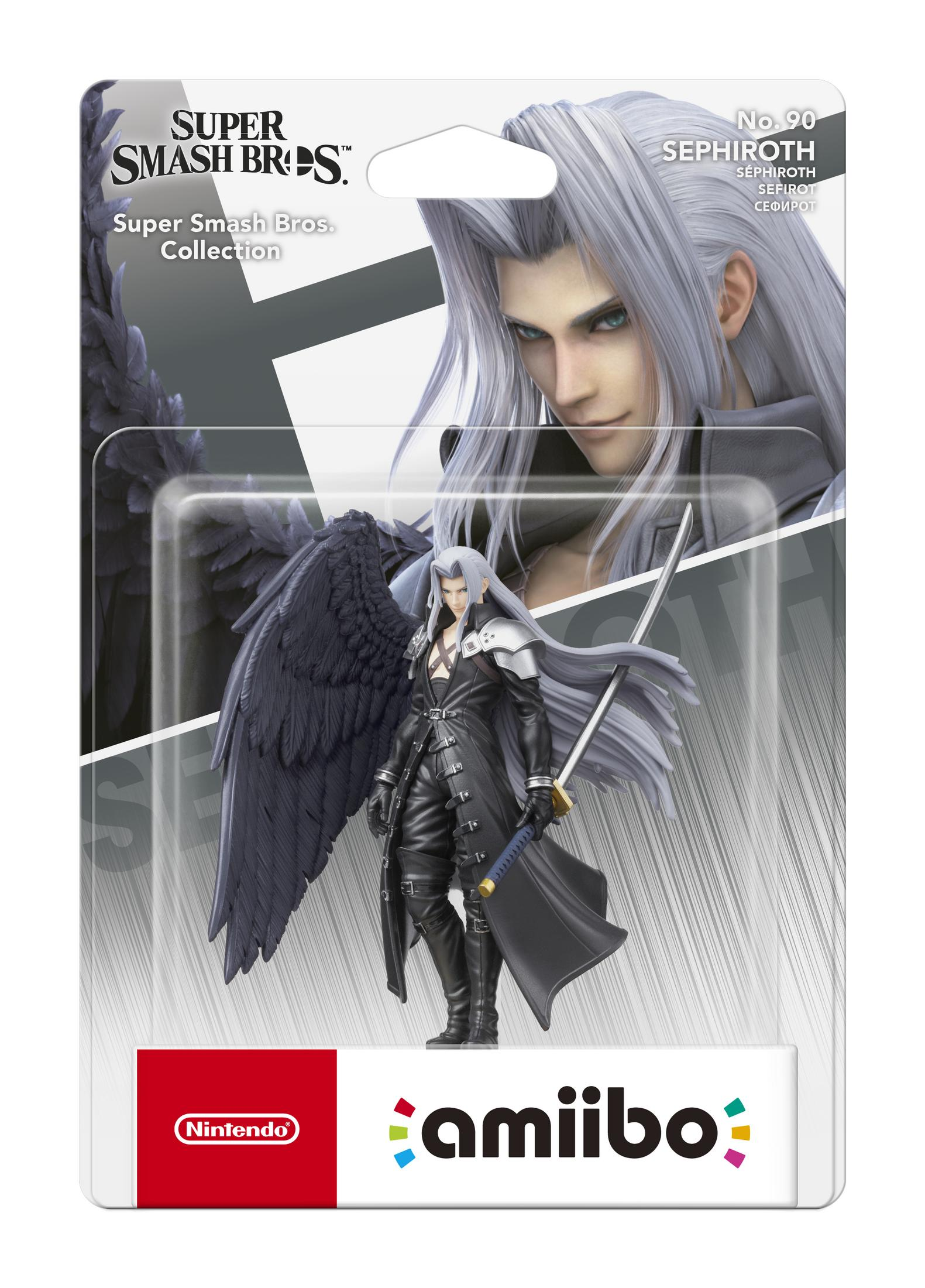Sephiroth Amiibo-Figur in Verpackung, aus der Super Smash Bros. Collection, mit Schwert und Flügel.