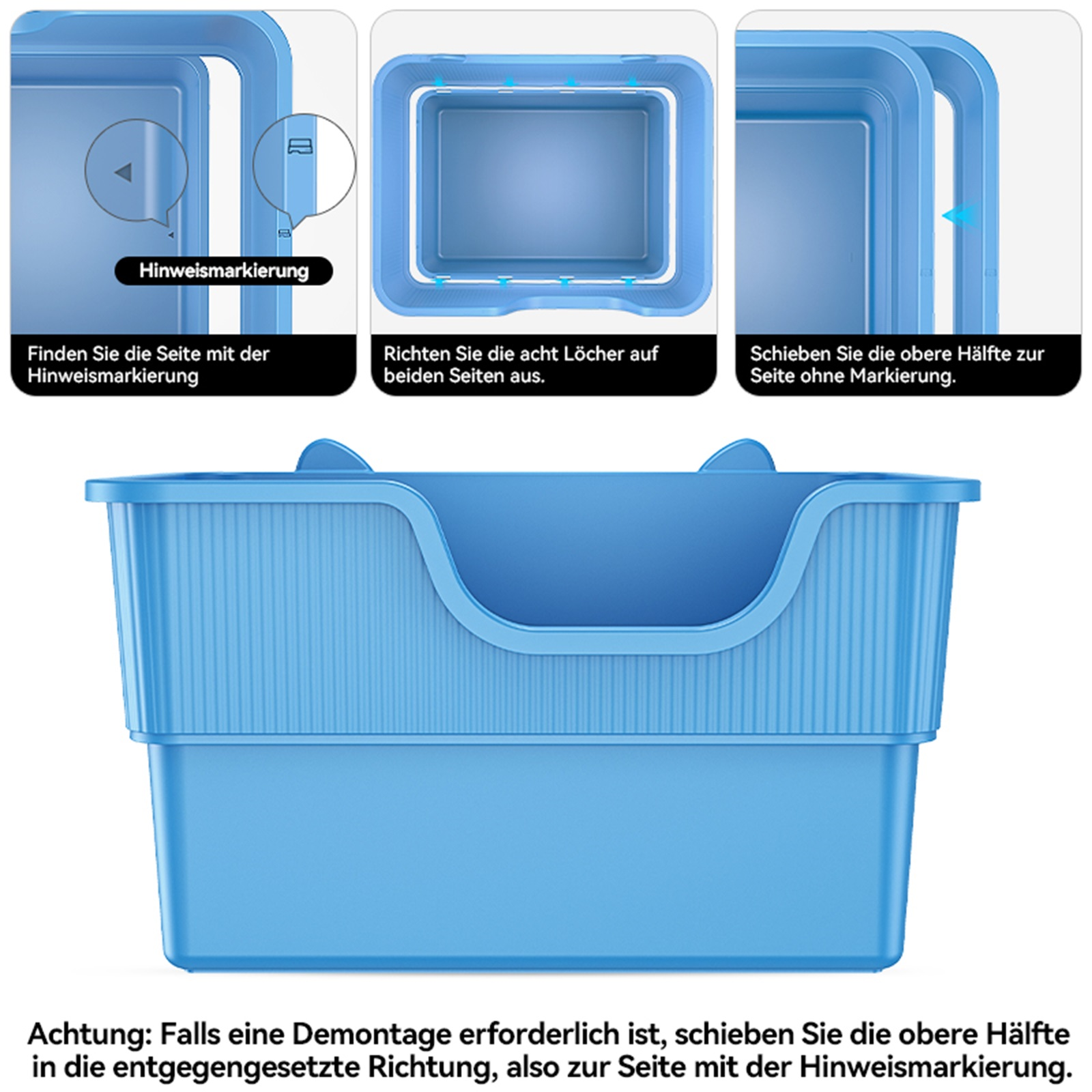 Blauer Kunststoffbehälter. Anweisungen zum Öffnen des Deckels.