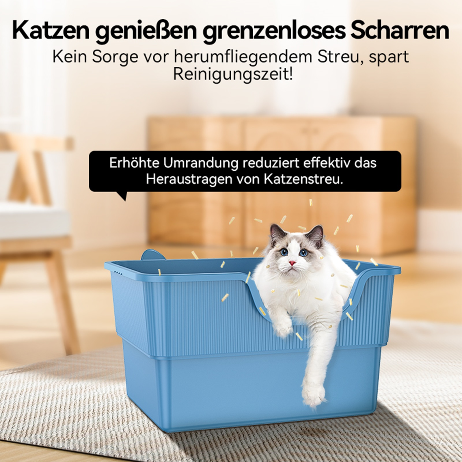 Eine blaue Katzentoilette mit einer Katze darin. Text sagt, dass es verstreute Streu reduziert.