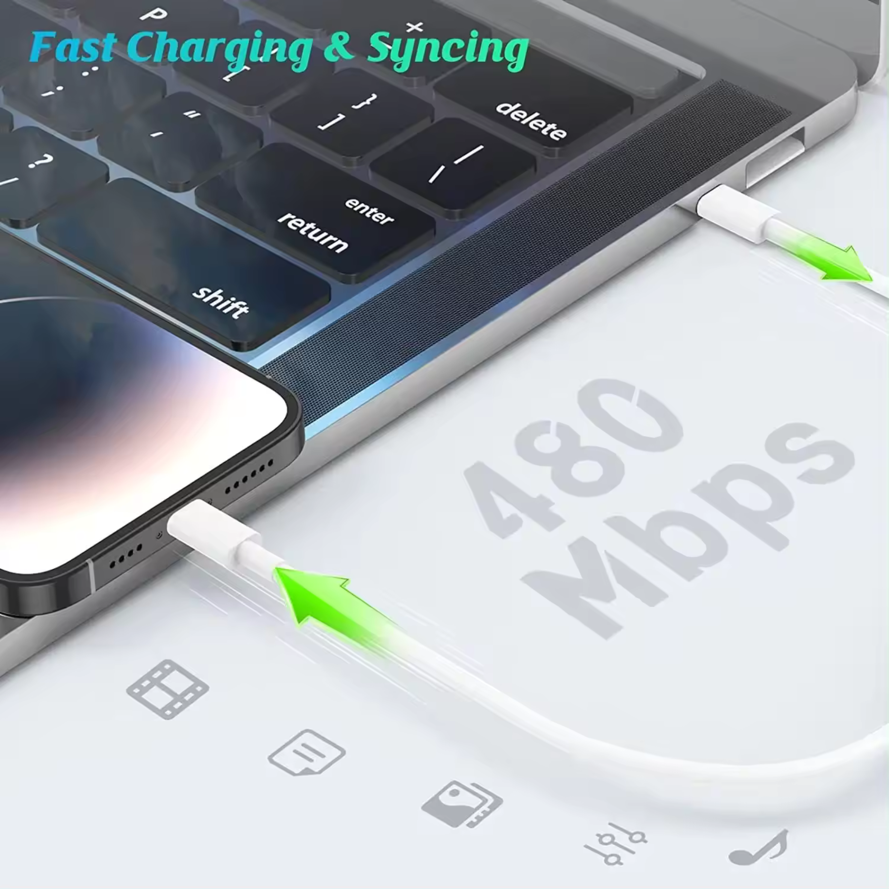 Ein Telefon, das mit einem Laptop mit einem weißen Ladekabel verbunden ist. Text: Schnellladen & Synchronisieren.