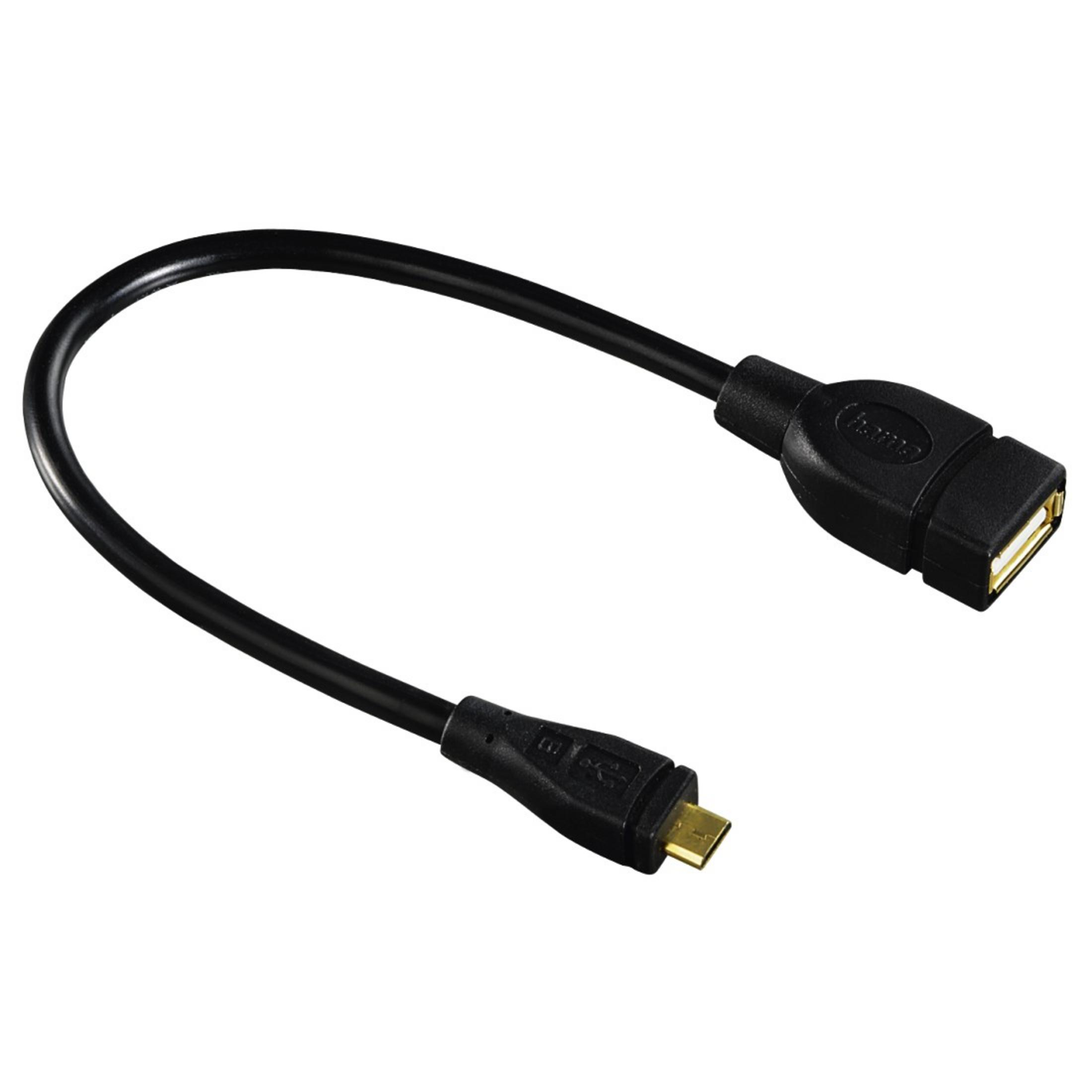 Czarny kabel USB do micro USB z wtyczkami na obu końcach.
