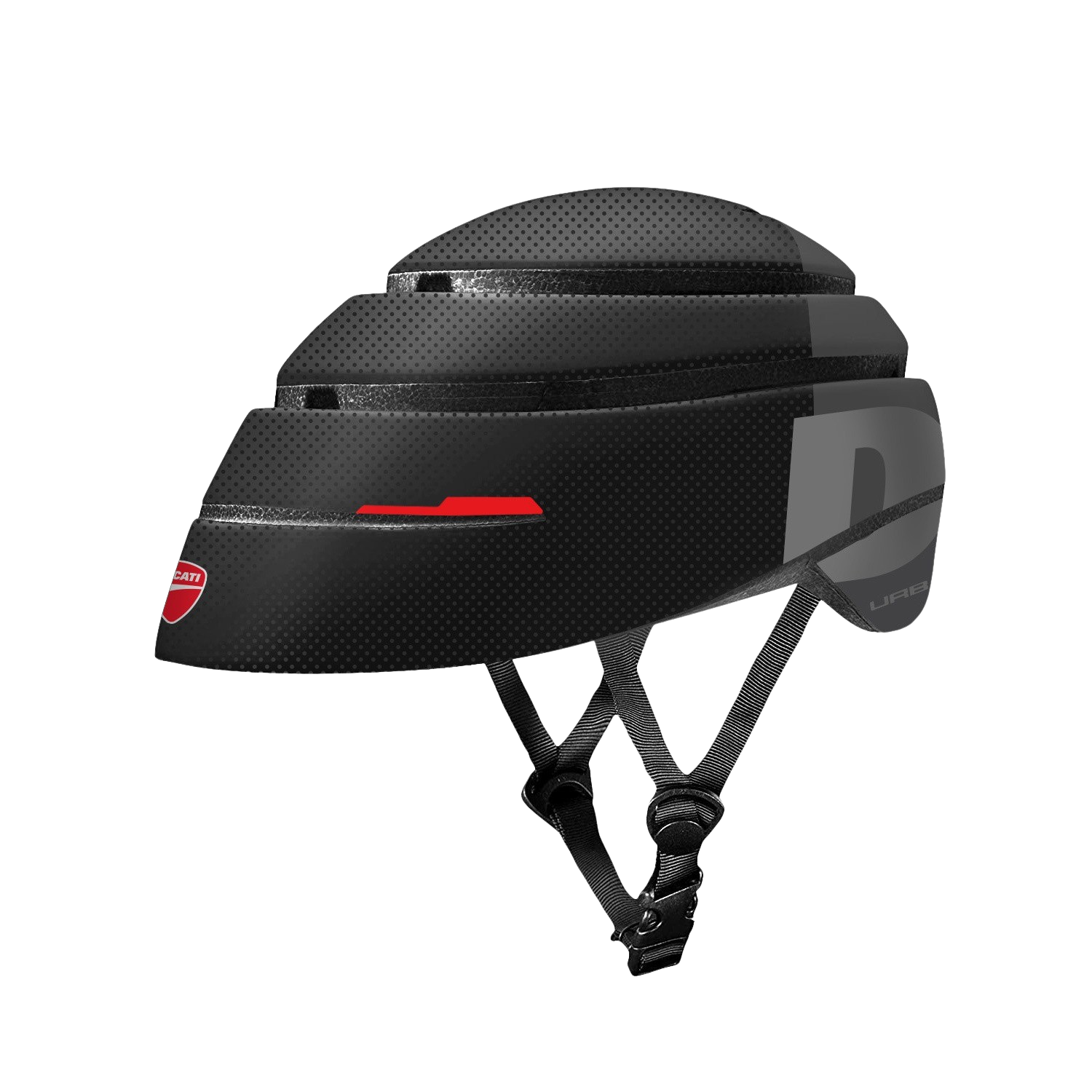 Casco de bicicleta Ducati negro. Diseño perforado. Logotipo rojo Ducati. Fondo oscuro. Vista lateral.