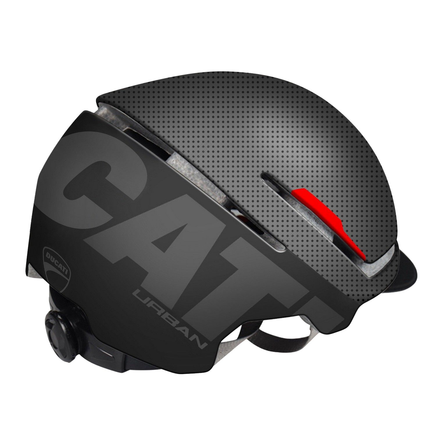 Czarny kask Ducati Urban. Szary tekst 'CAT' i 'URBAN'. Czerwone akcenty z tyłu.