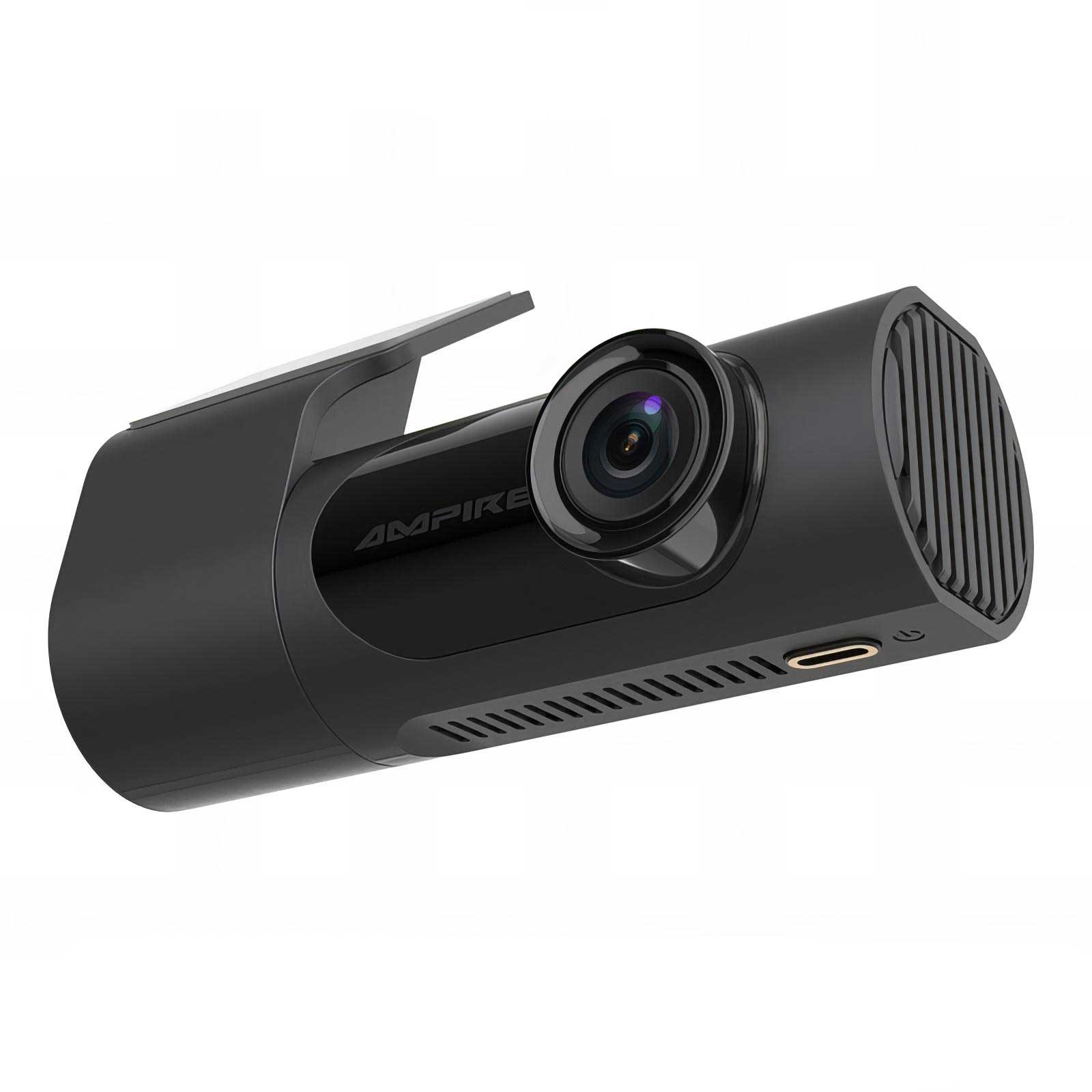 Schwarze Dashcam mit Objektiv, Markenname und Lüftungsschlitzen. Es befindet sich auf weißem Hintergrund.