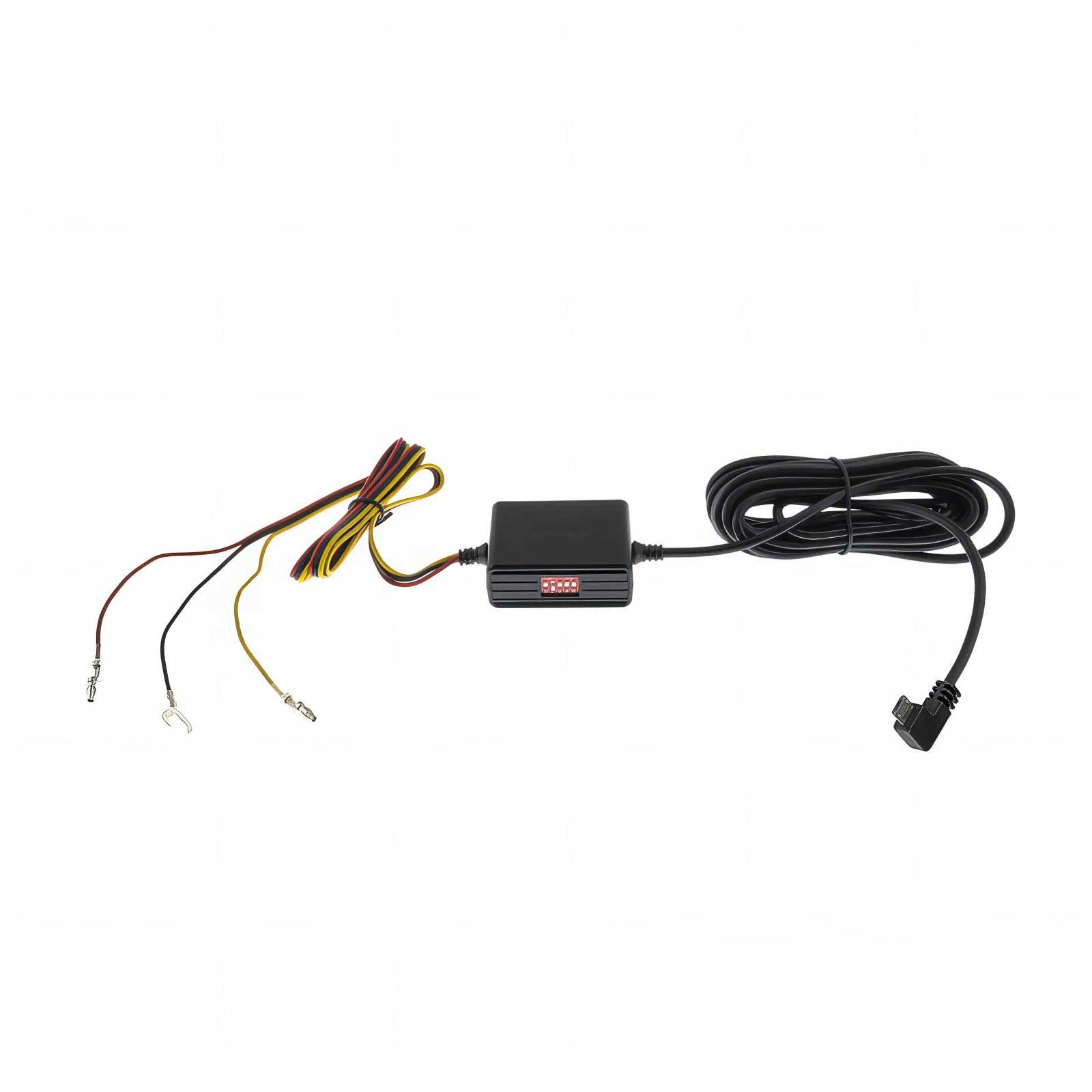Ein schwarzes elektronisches Gerät mit Kabeln und einem schwarzen Kabel vor weißem Hintergrund. Drähte haben rote, gelbe und schwarze Farben.