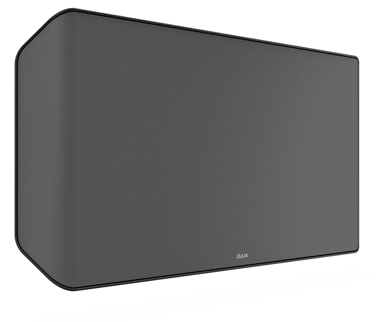 Ciemnoszary klimatyzator. Ma prostokątny kształt z zaokrąglonymi rogami.