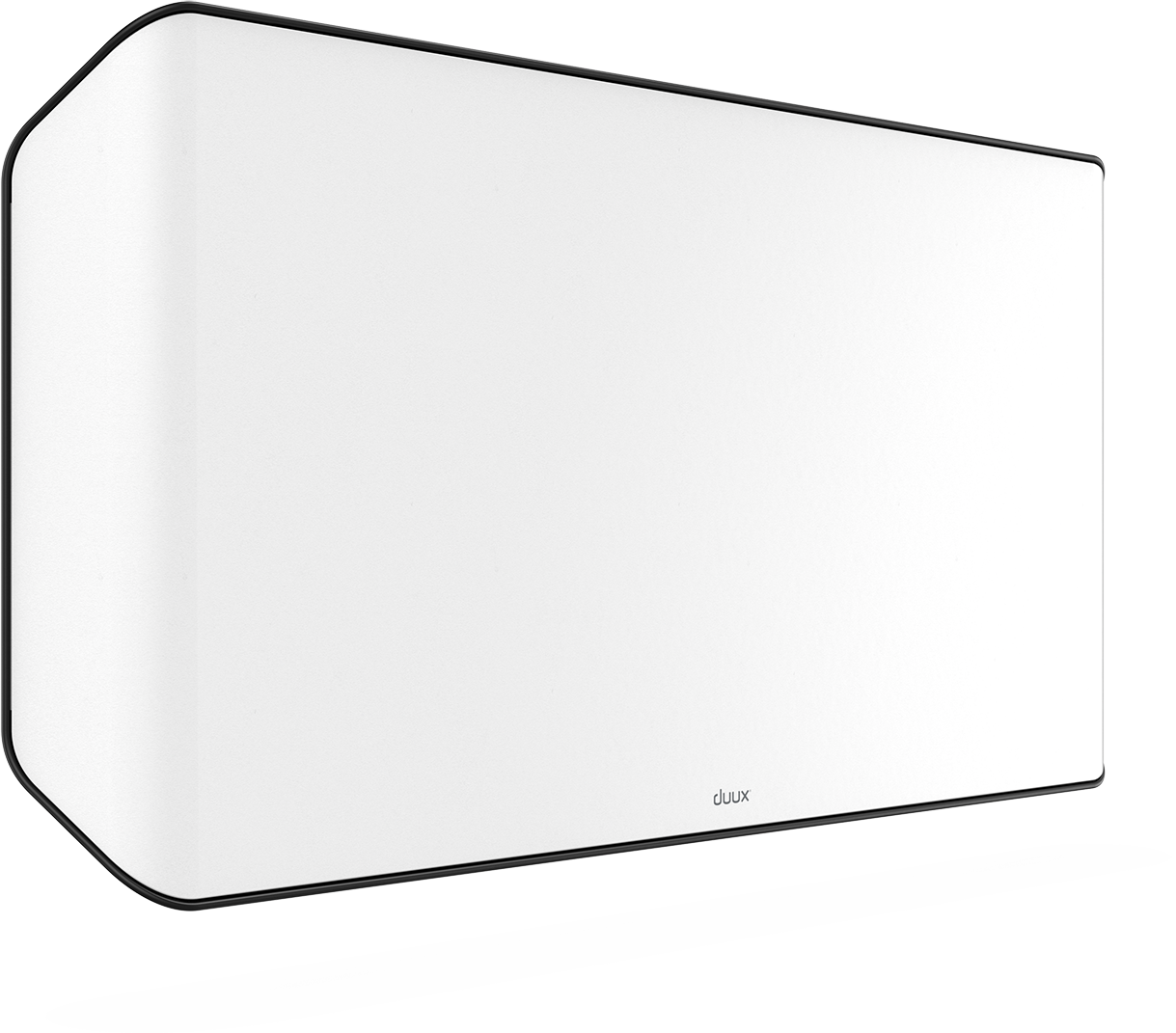 Białe prostokątne urządzenie z czarną obwódką, na dole napis „duux”.