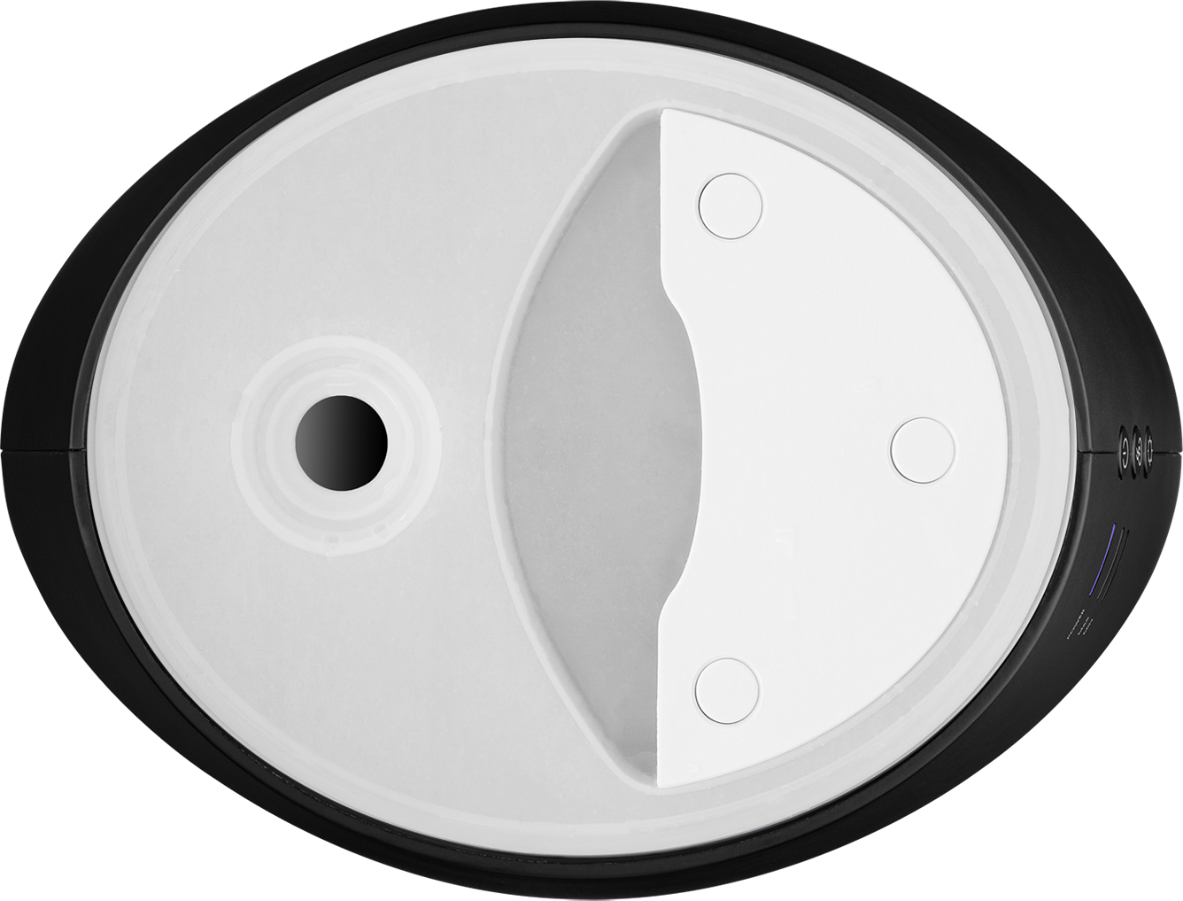 Widok z góry na czarno-biały oczyszczacz powietrza z trzema przyciskami.