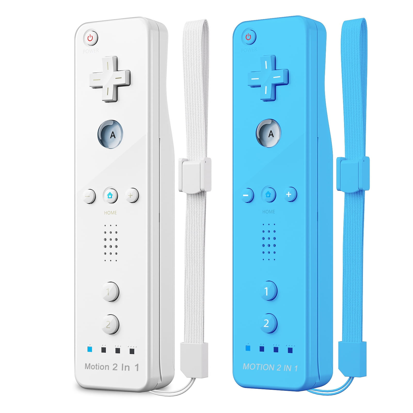 Zwei Gamecontroller, weiß und blau, mit Knöpfen und Handschlaufen.