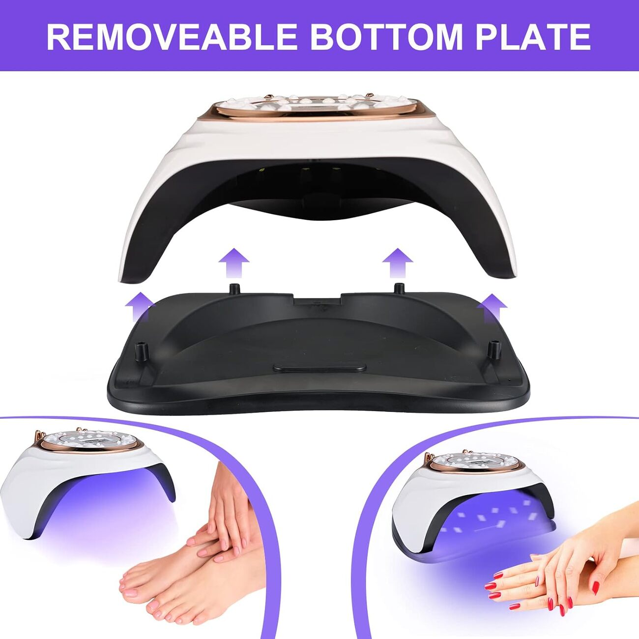 Lámpara UV para uñas con placa inferior extraíble. Manos y pie bajo lámpara.