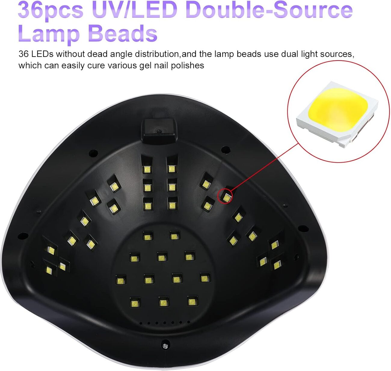 Lámpara de uñas con 36 LEDs, con un primer plano de un LED y texto explicativo.