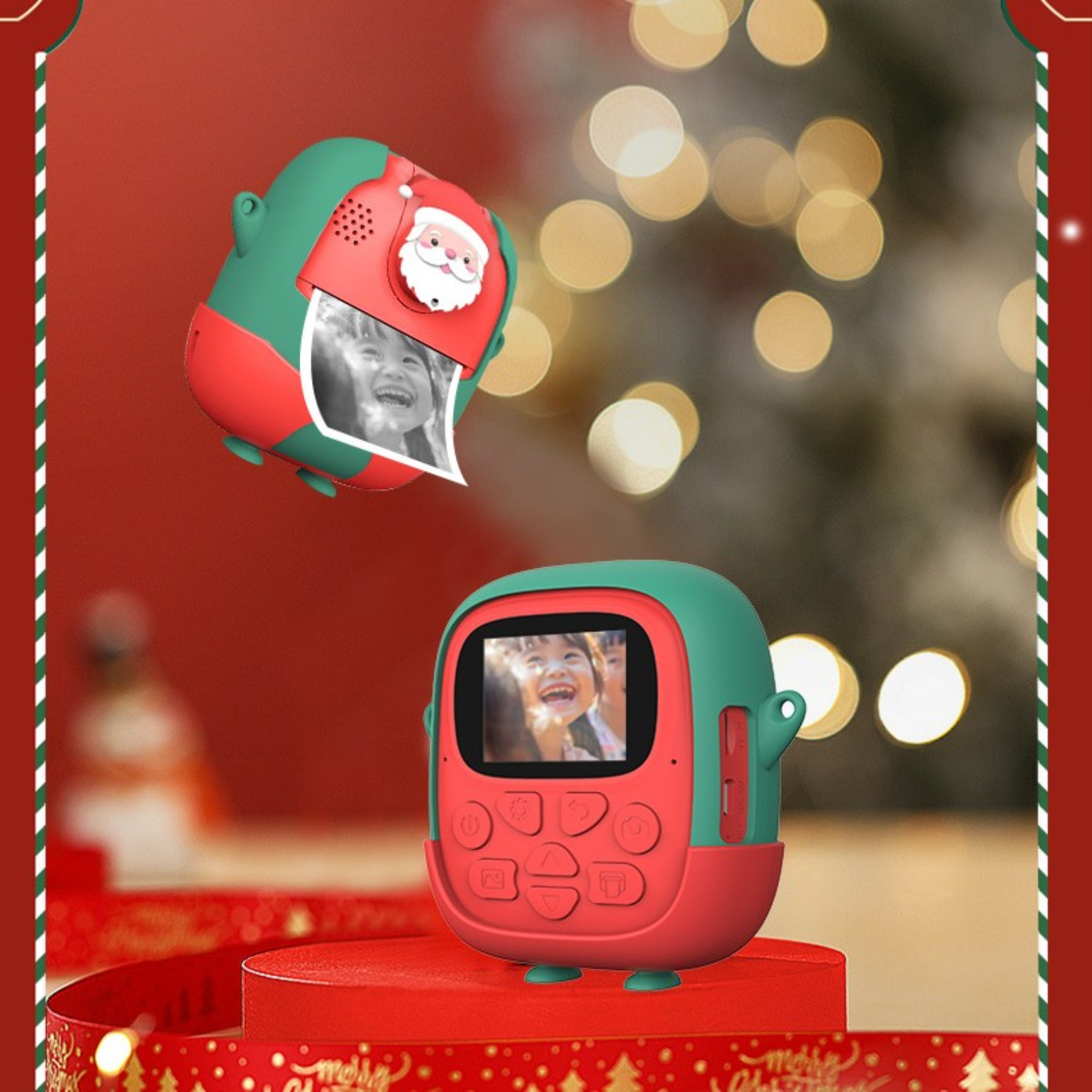 Weihnachtskamera mit Kinderfoto auf dem Bildschirm.