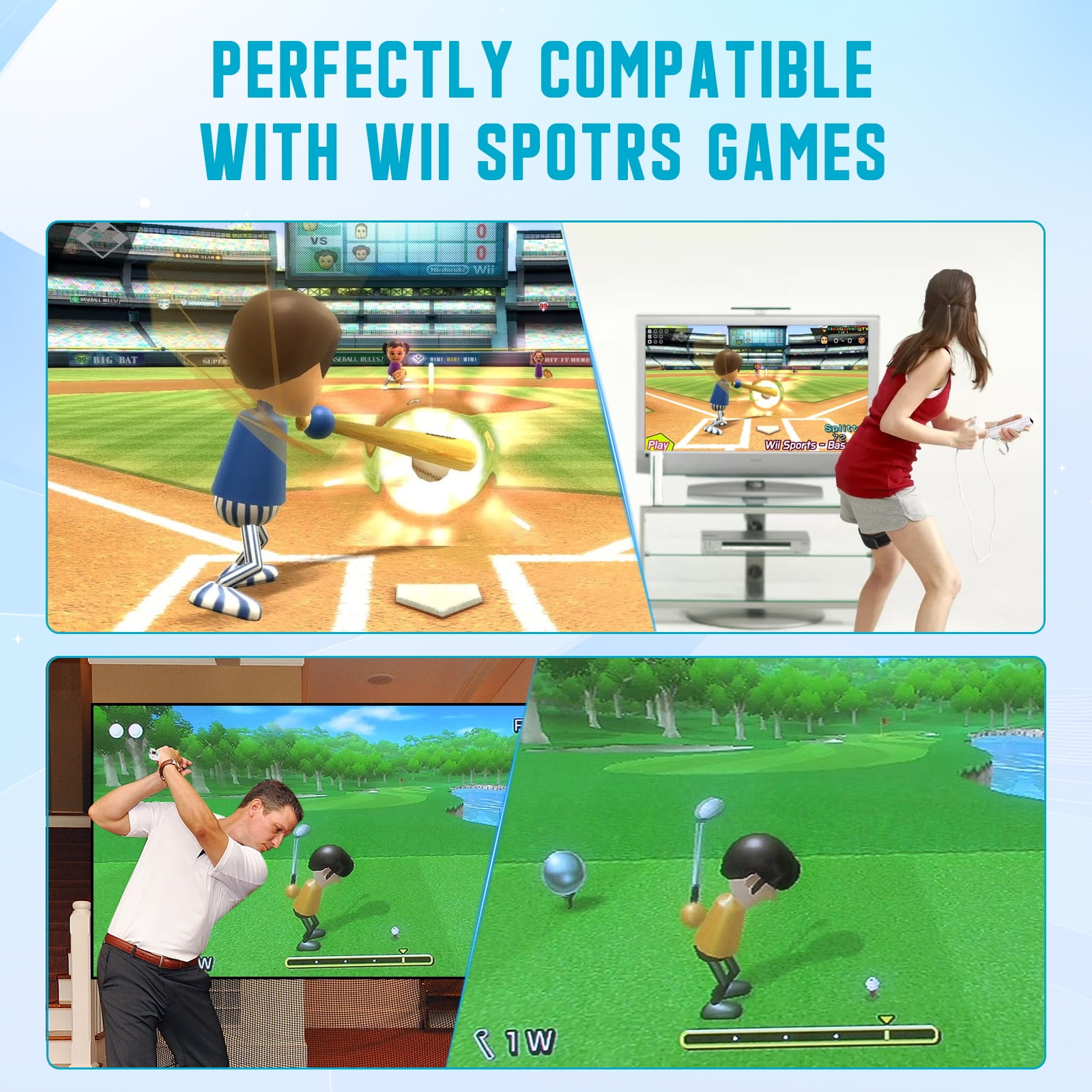 Bilder, die Wii-Spiel zeigen, darunter Baseball und Golf, mit Personen, die Controller verwenden.