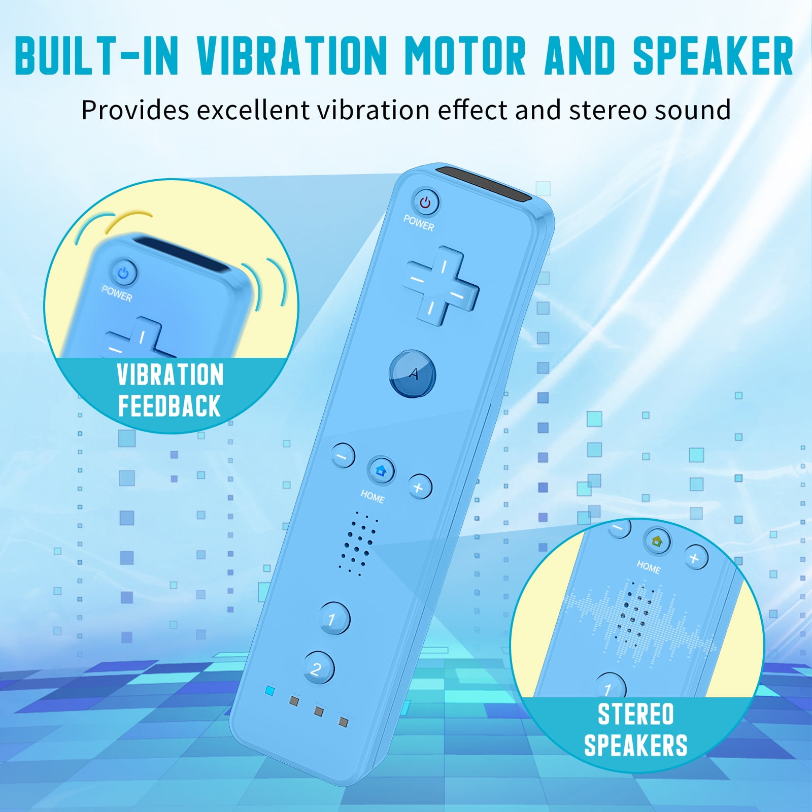 Blauer Gamecontroller mit Vibrationsfeedback und Stereolautsprechern. Nahaufnahmen zeigen Details.