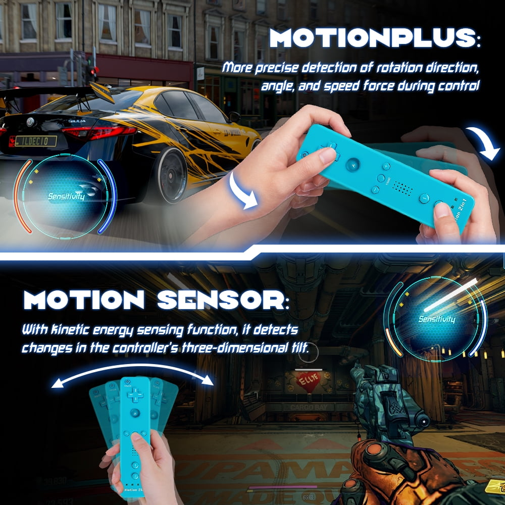 Bild zeigt ein Auto mit blauem Controller. Text beschreibt Bewegungssensor und Motion Plus.