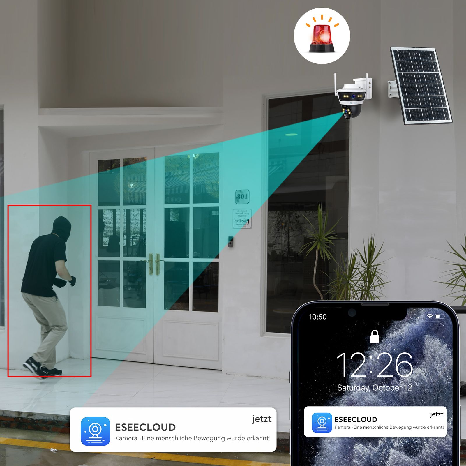 Überwachungskamera an einem Haus, die einen Einbrecher entdeckt. Ein Telefon zeigt eine Benachrichtigung.