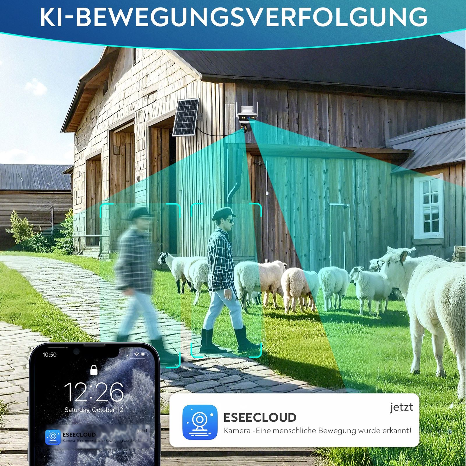 Eine Überwachungskamera an einer Scheune mit Schafen und Personen im Hintergrund. Telefon im Vordergrund.