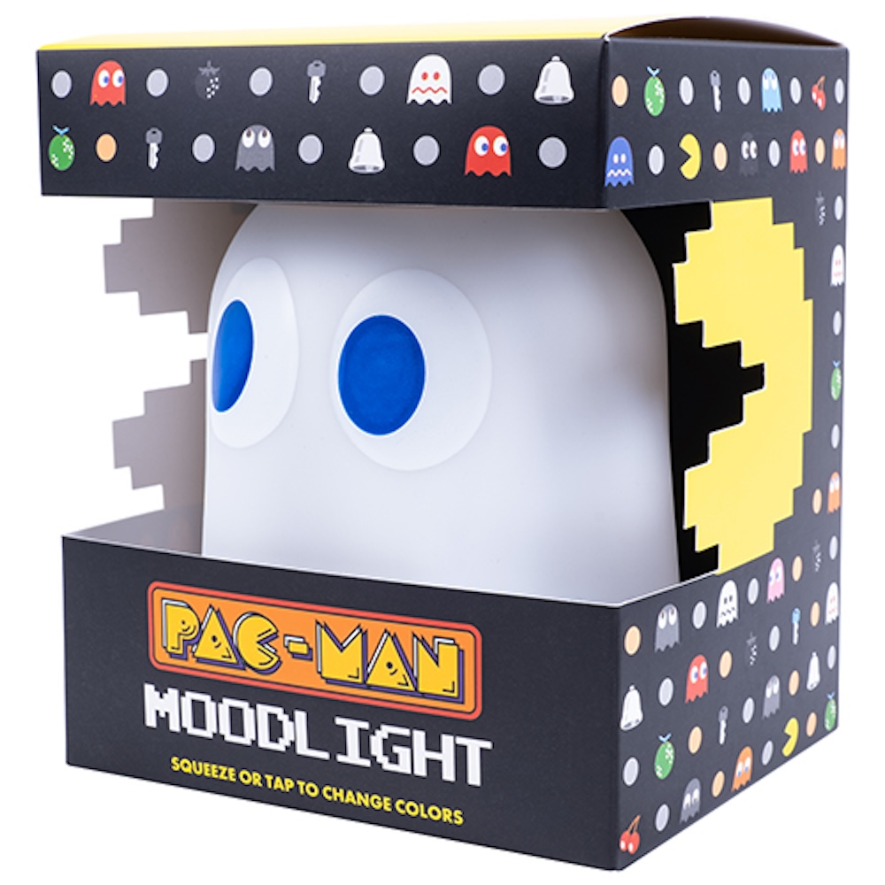 Pac-Man sfeerlicht in een doos. Het licht heeft blauwe ogen.