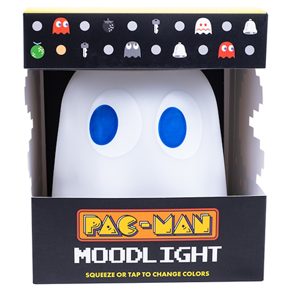 Pac-Man Moodlight lamp in een doos. De lamp is wit met blauwe ogen. De doos is zwart en geel.