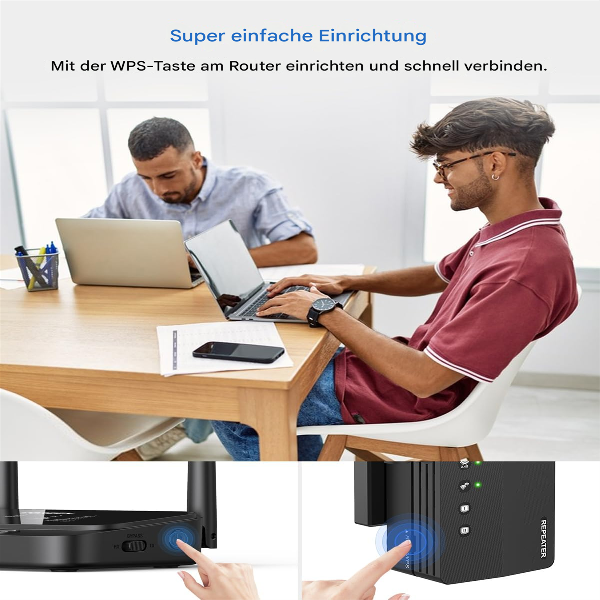 Zwei Männer an einem Holztisch, die Laptops benutzen. Das Bild zeigt auch einen Repeater.