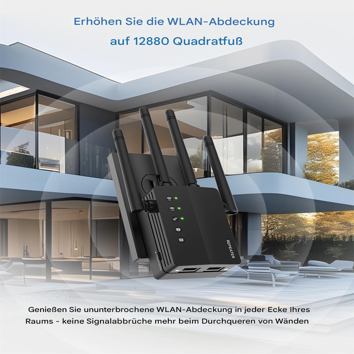WLAN-Repeater mit Antennen, zeigt die Signalabdeckung im Haus.