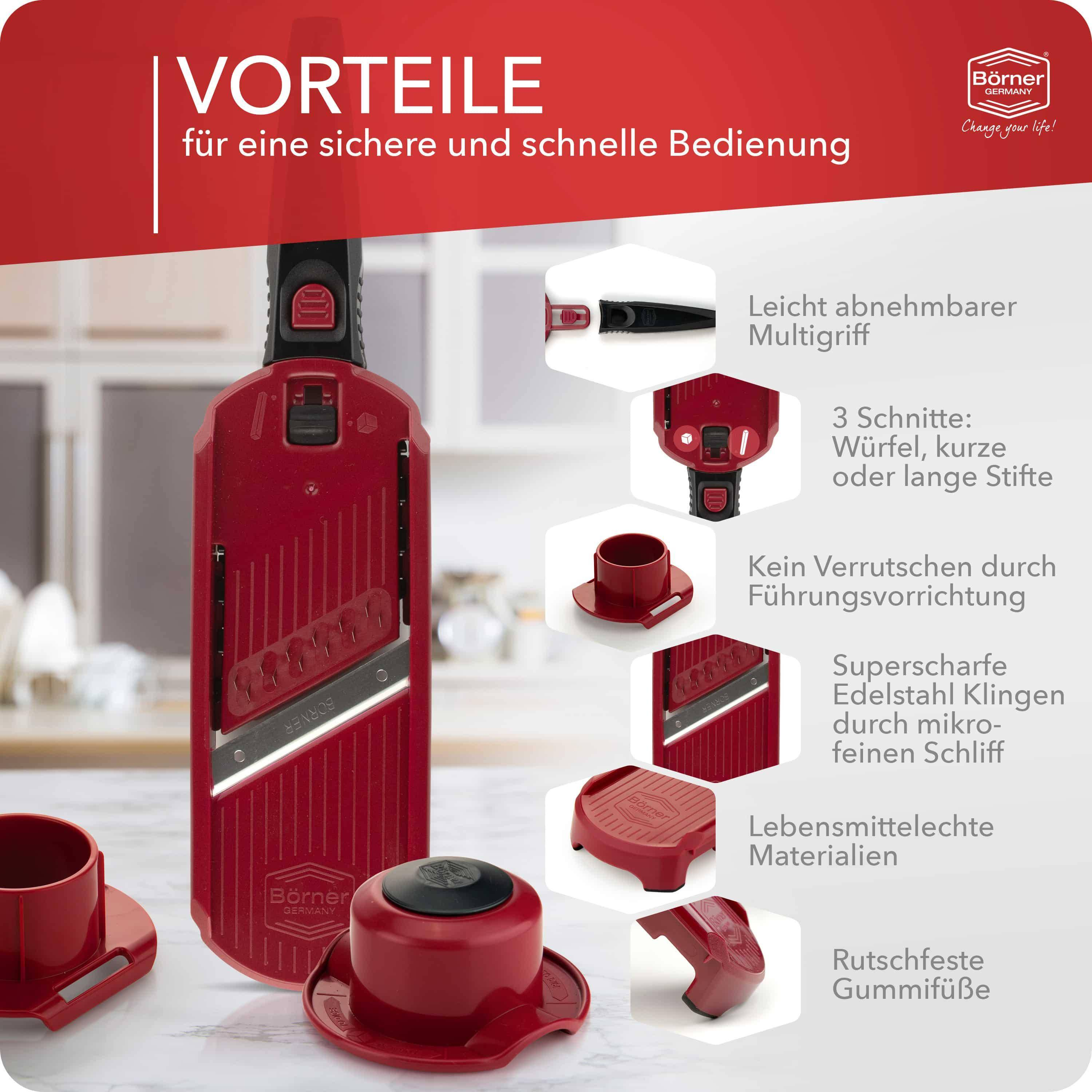 Ein rotes Küchenwerkzeug mit verschiedenen Komponenten, beschriftet mit deutschem Text.