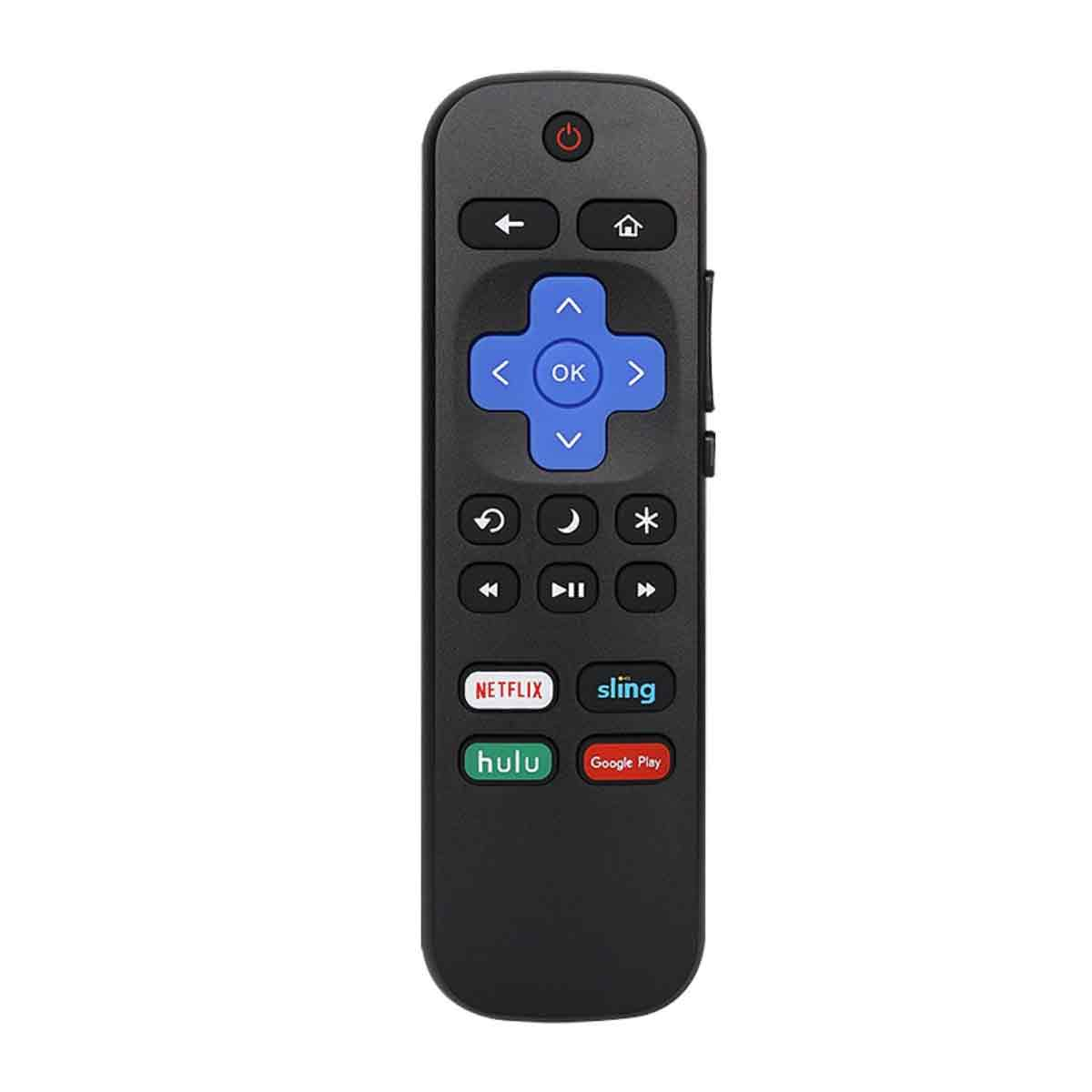 Schwarze Roku-Fernbedienung mit mehreren Tasten. Weißer Hintergrund.