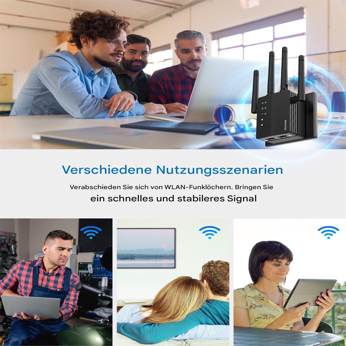 Menschen, die WLAN auf Laptops und Tablets nutzen, mit einem WLAN-Router im Hintergrund, der das WLAN-Signal anzeigt.