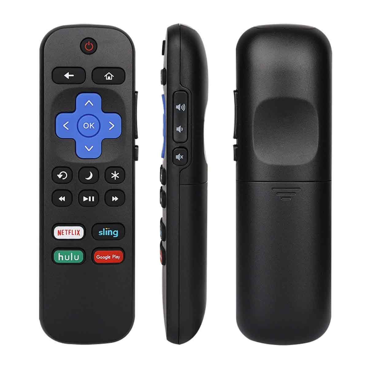 Schwarze Fernbedienung. Tasten für Netflix, Hulu und Google Play sind sichtbar. Weißer Hintergrund.