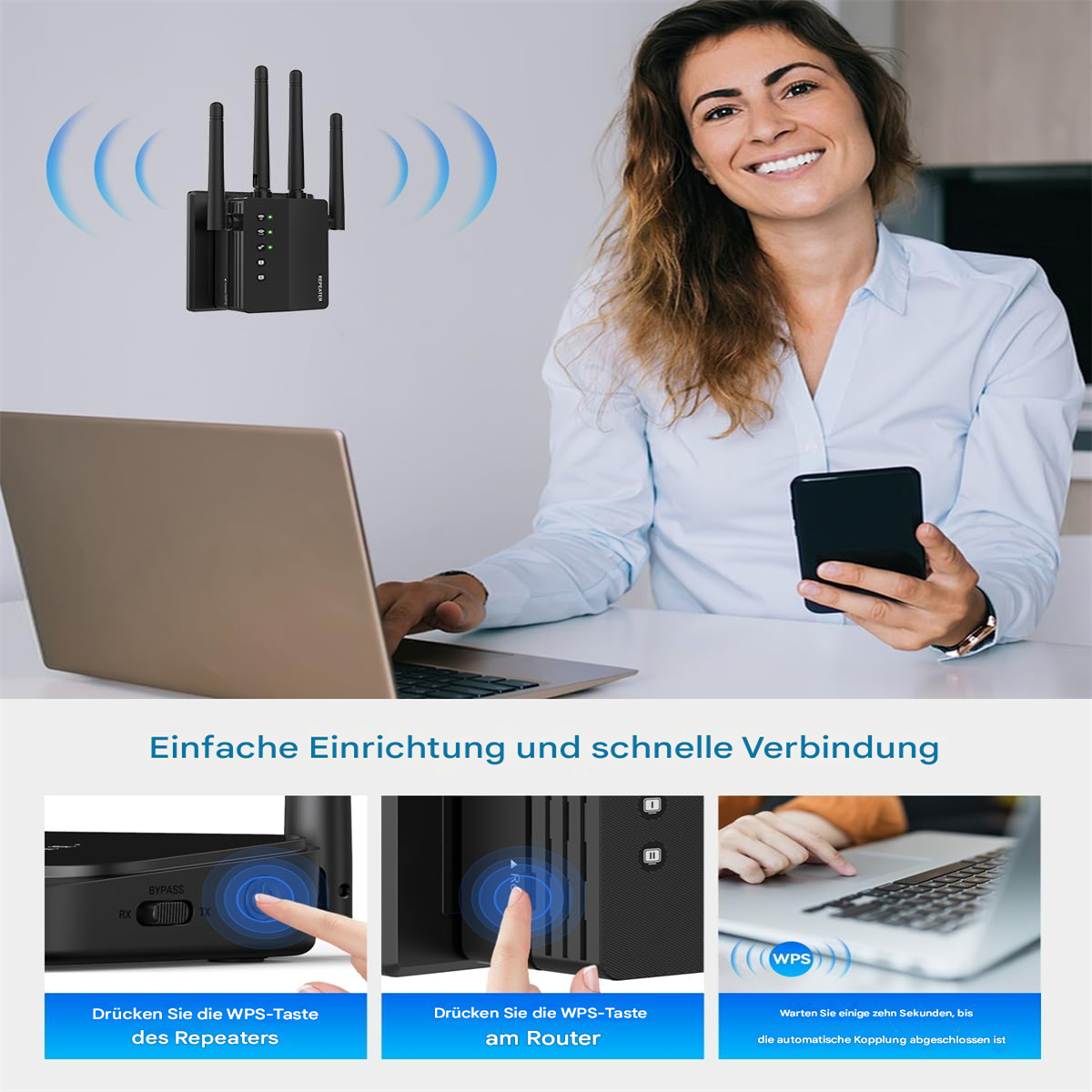Frau mit Telefon, die einen Laptop benutzt, WLAN-Extender mit Antennen, zeigt die WPS-Tastenverwendung.