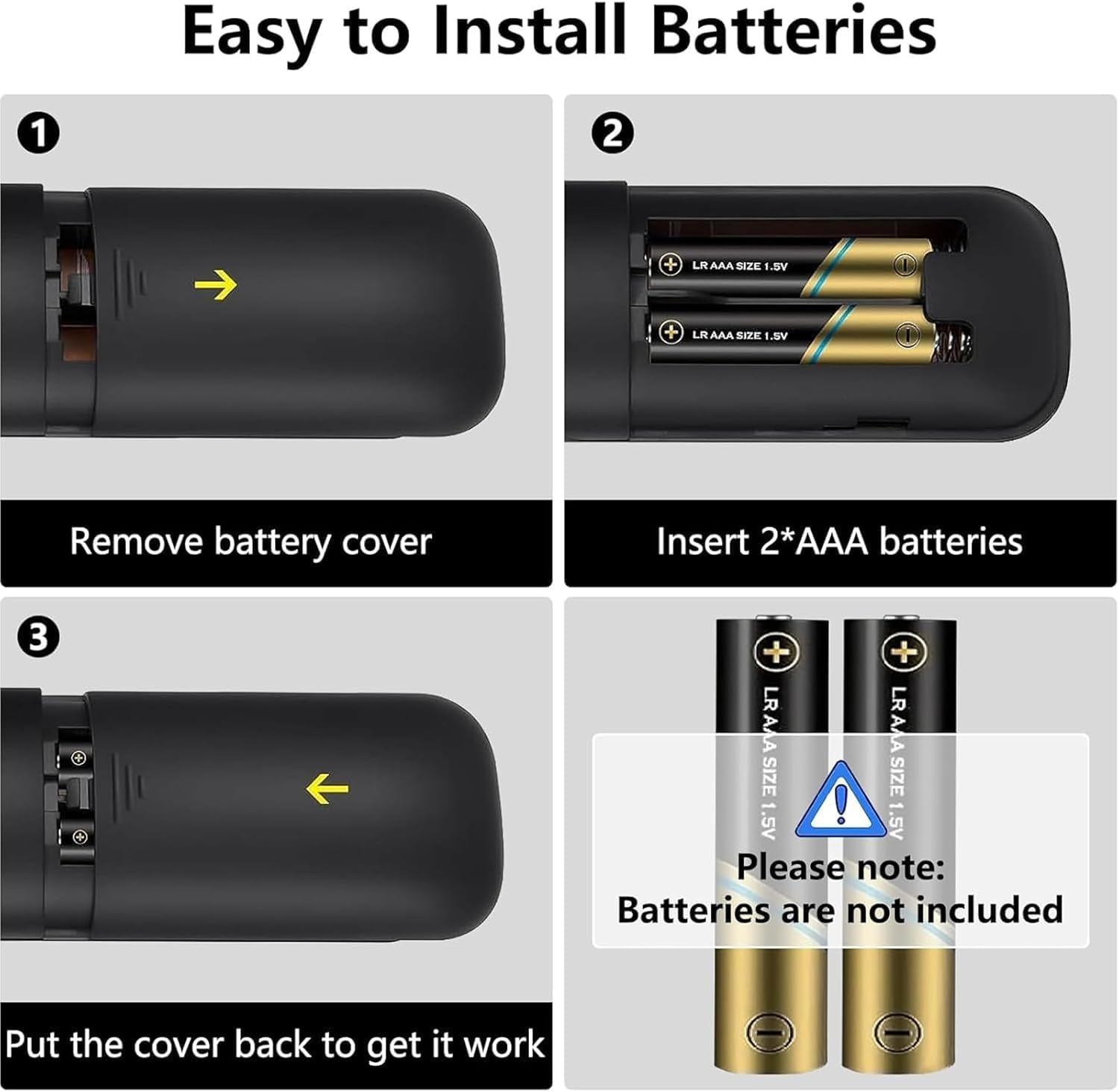 Anleitung zum Einsetzen von Batterien in ein Gerät. Drei Bilder zeigen die Schritte.