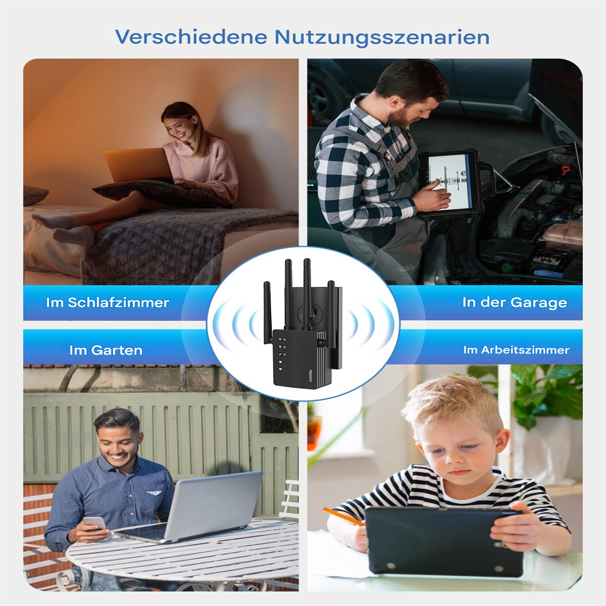Szenen: Schlafzimmer, Garage, Garten und Büro. Menschen nutzen Geräte.