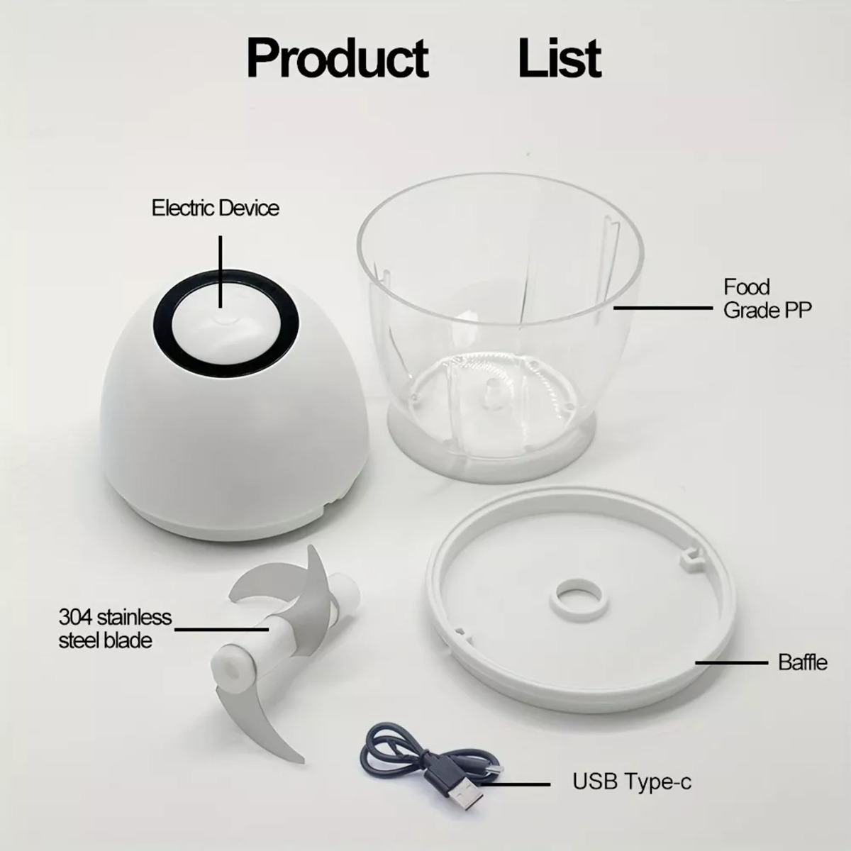 Picadora eléctrica blanca desmontada. Partes: cuchilla, bol, tapa, motor, cable USB.