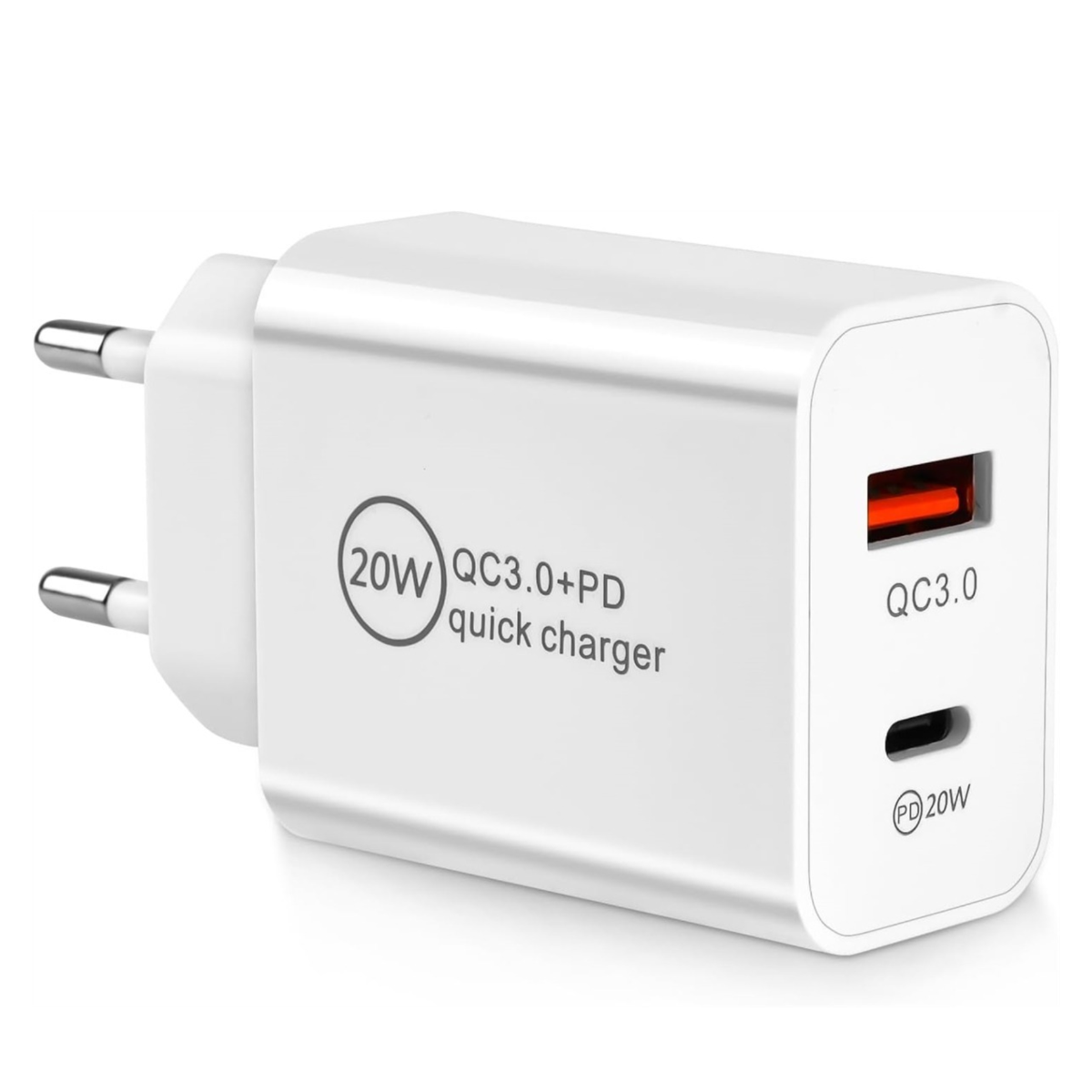 Weißes 20W Schnellladegerät. Rechteckige Form mit Stecker. Hat 'QC3.0+PD' und 'QC3.0' aufgedruckt.