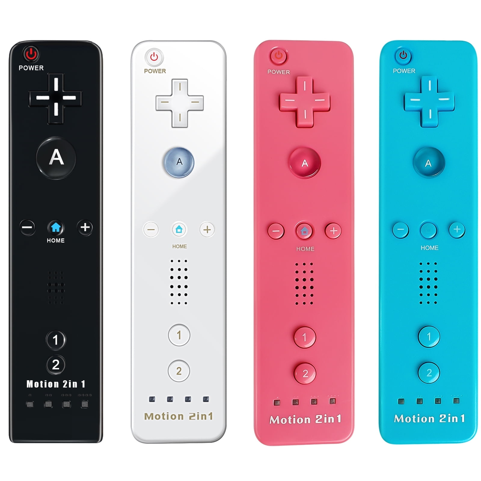 Vier bunte Nintendo Wii Fernbedienungen: schwarz, weiß, rosa und blau, jede mit unterschiedlichem Tastenlayout.