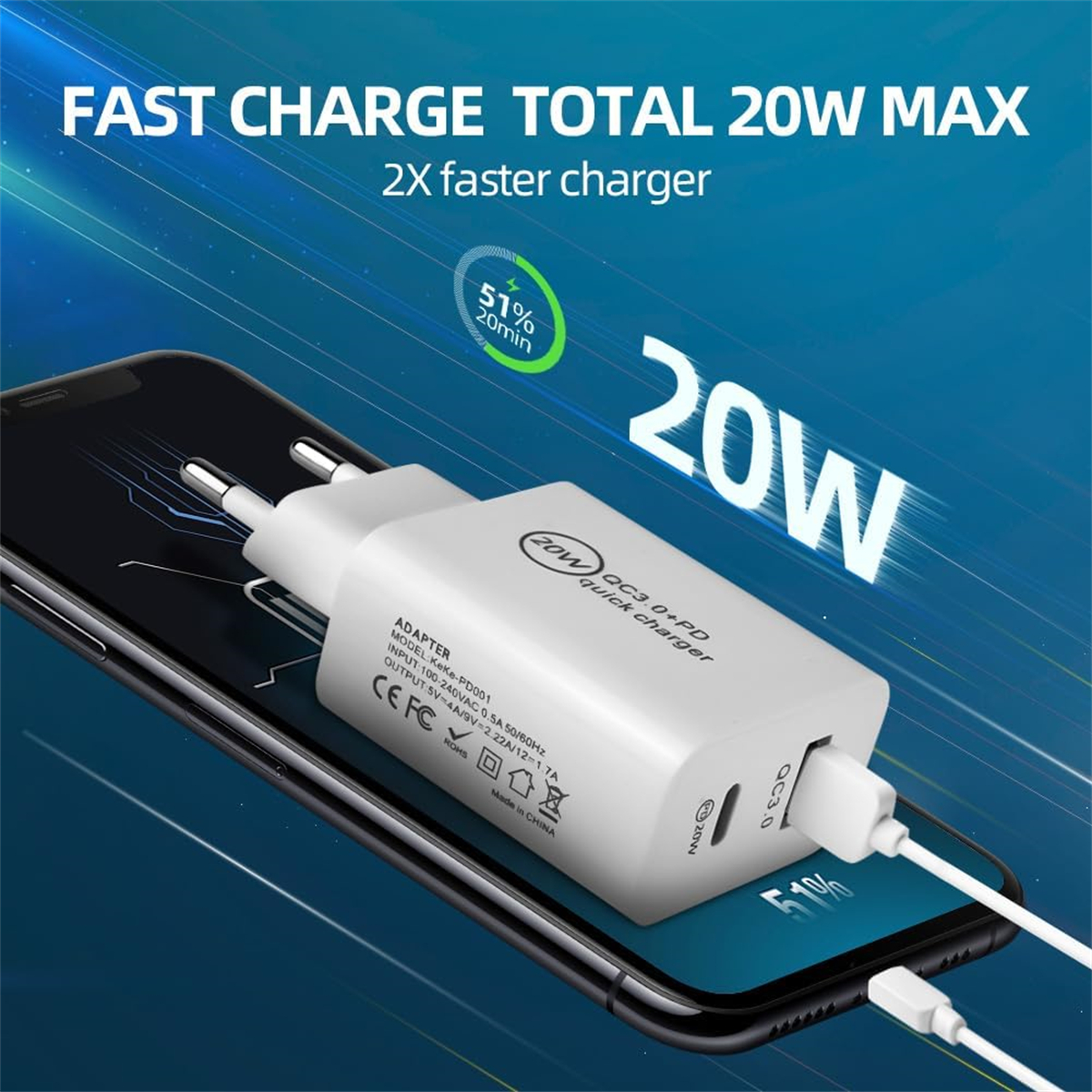 Ein weißes Ladegerät mit Stecker, das an ein Telefon angeschlossen ist. Zeigt 20 W und 51 % Ladung.