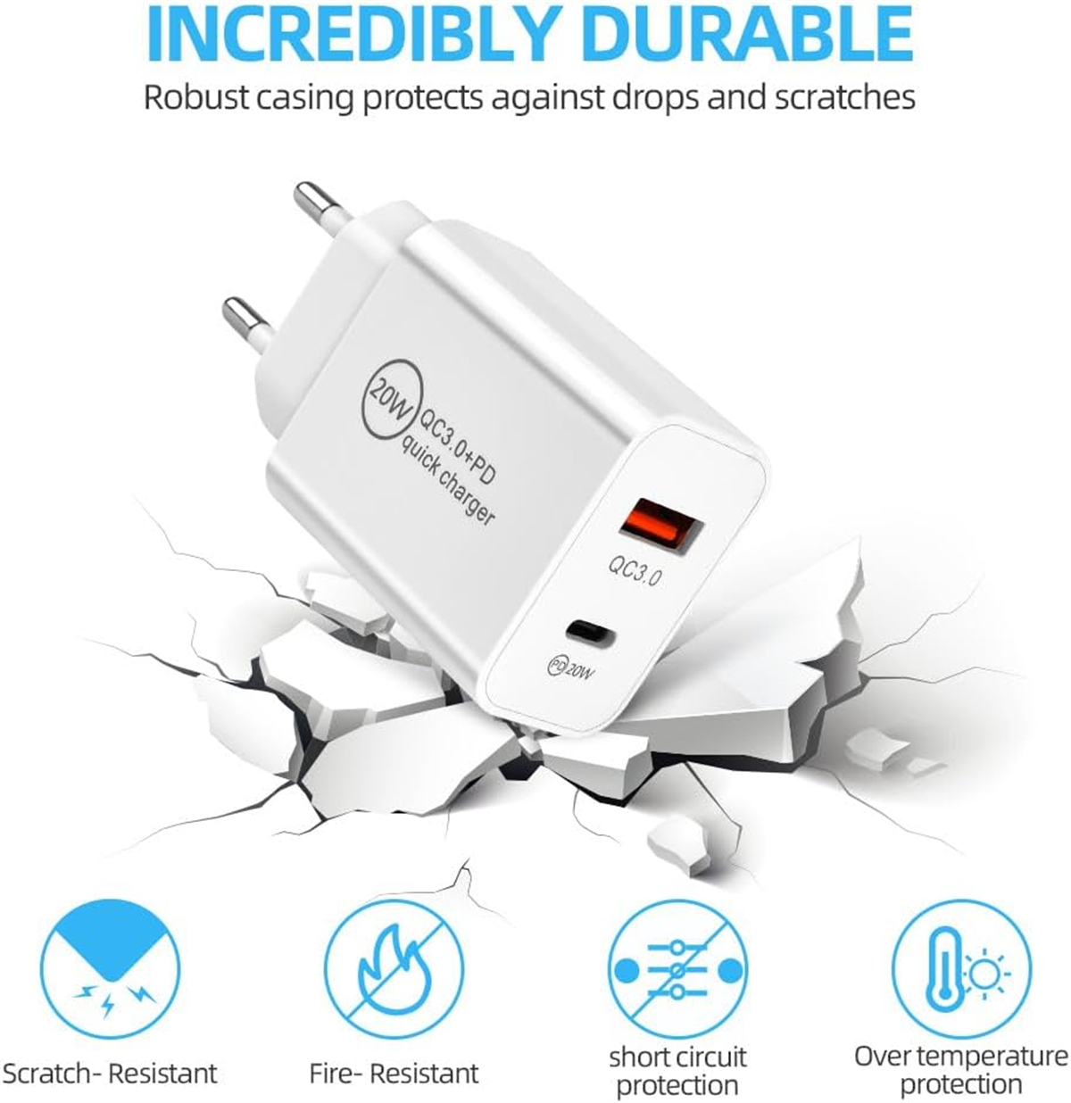 Weißes Ladegerät mit Text: 20W QC3.0+PD, und ein rissiger Boden mit Sicherheitssymbolen.